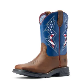 10044436 Ariat Youth Workhog XT Venttek Western Boot - Distressed Tan / Ole Blue