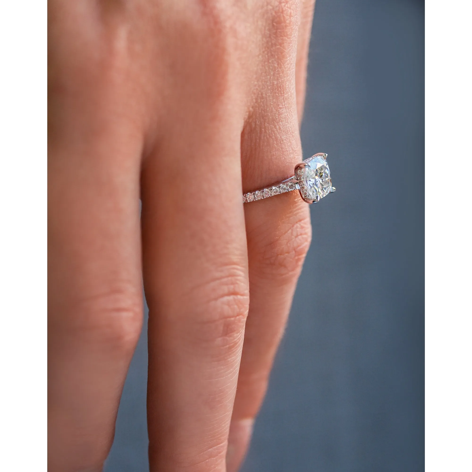2ct Cushion Moissanite Drop Halo Ring