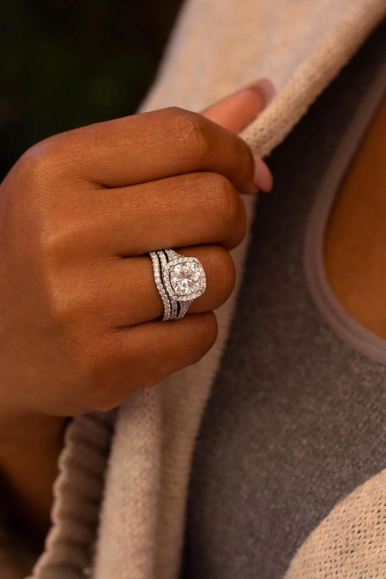 3-3/4ct.tw Bold Cushion Halo Bridal Set - Moissanite & Lab Diamonds
