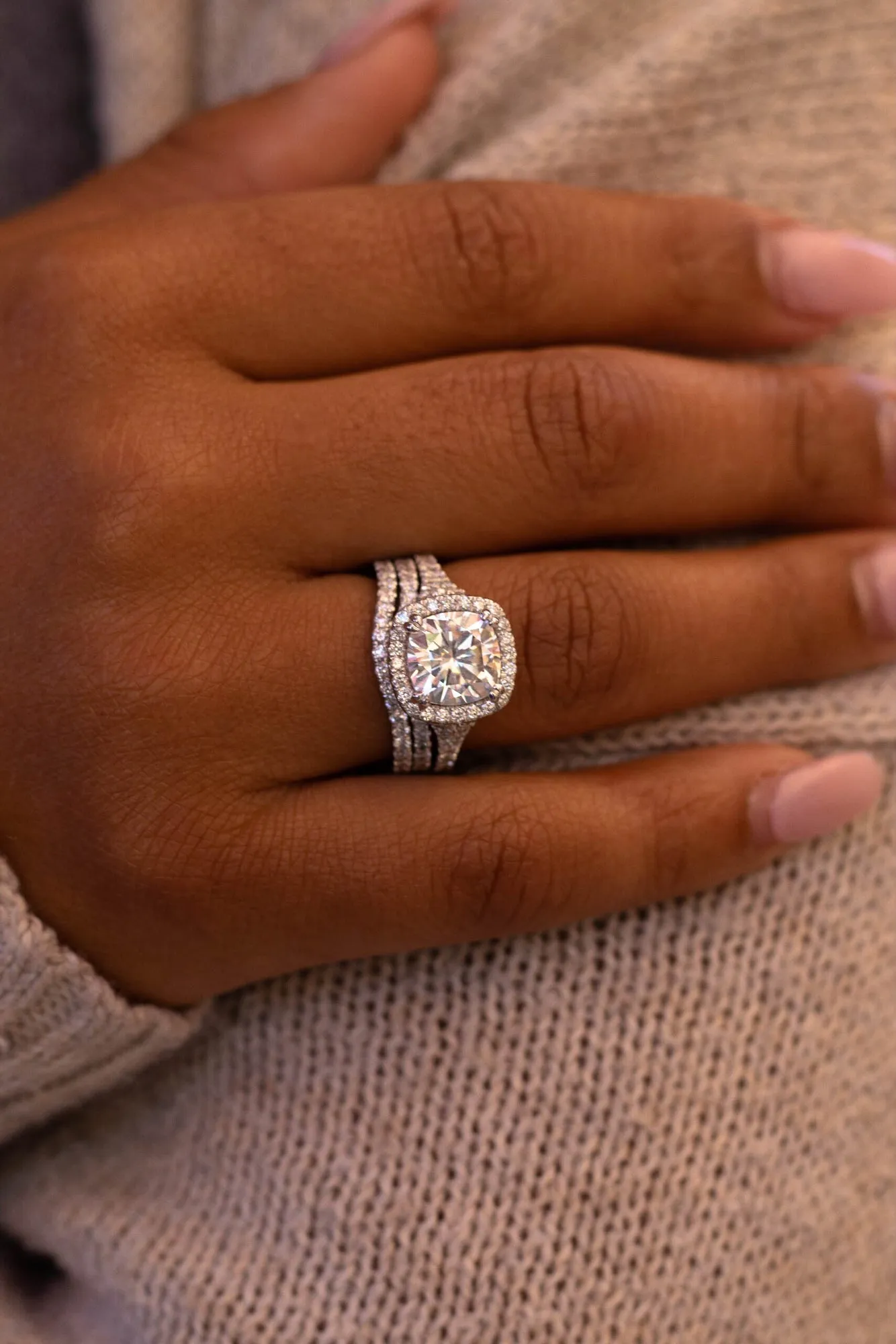 3-3/4ct.tw Bold Cushion Halo Bridal Set - Moissanite & Lab Diamonds