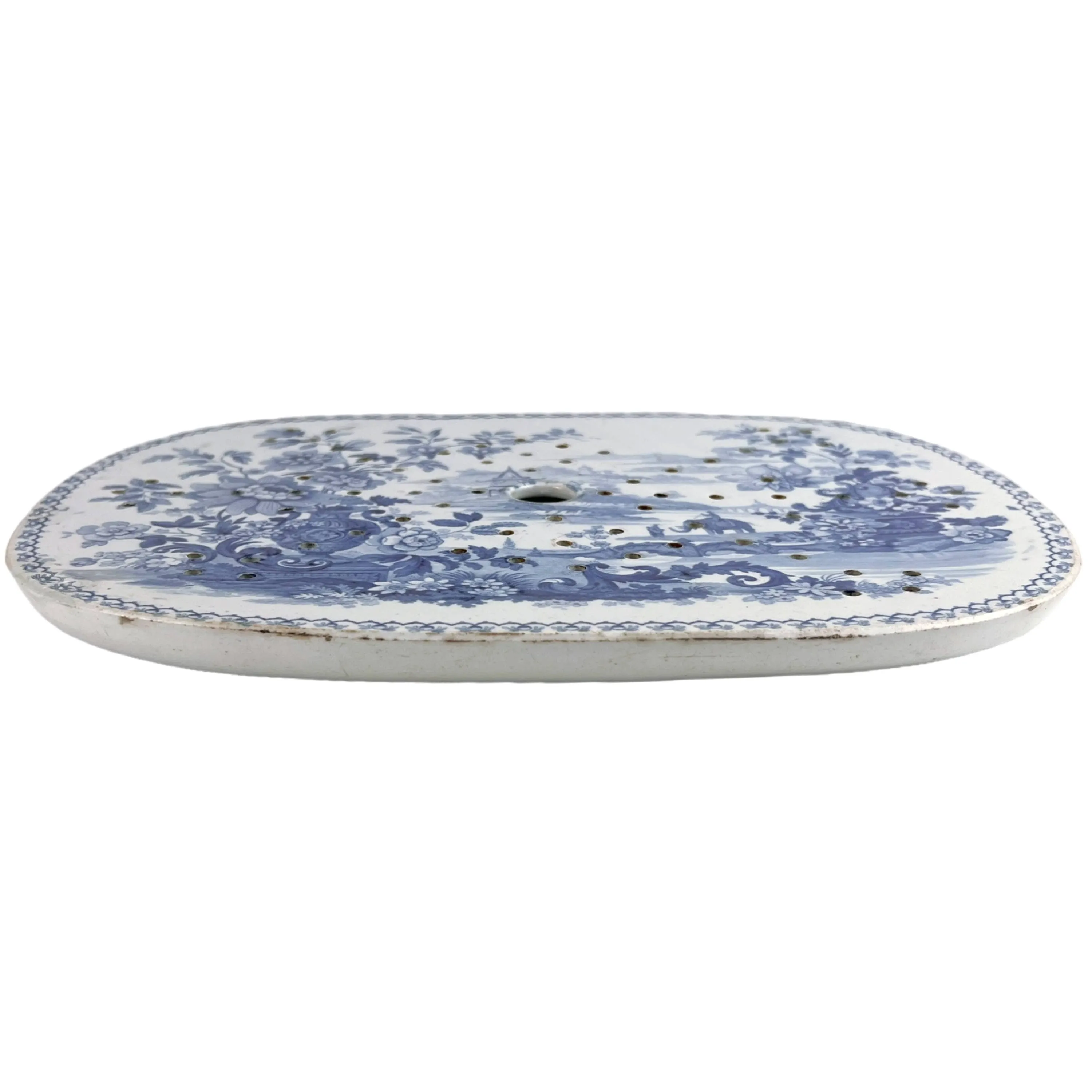 Antique 19th c Staffordshire Blue Transfer Pearlware Meat Drainer Plate Pierced Strainer