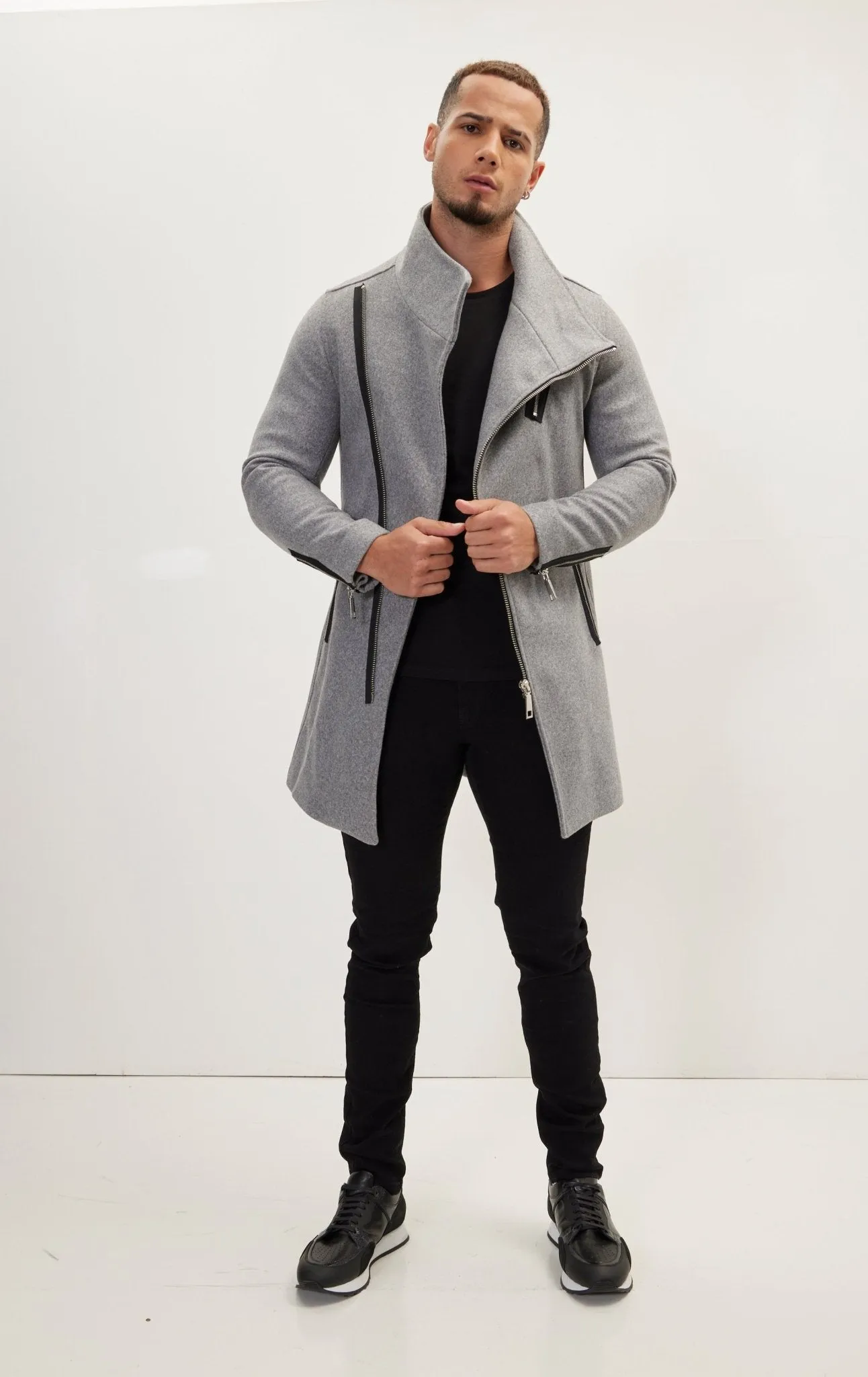 Asymmetrical Zipper Closure Coat - Grey