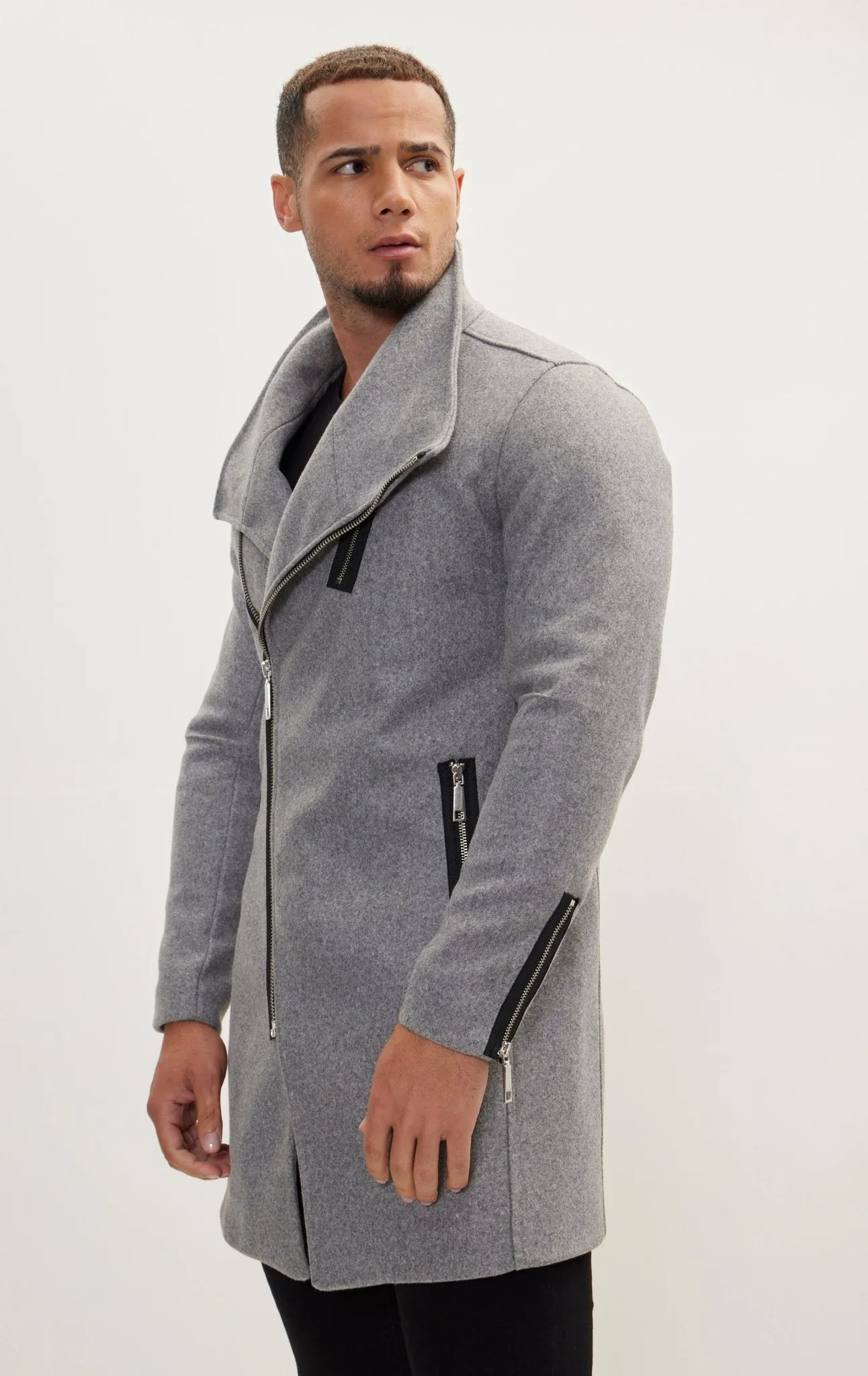 Asymmetrical Zipper Closure Coat - Grey
