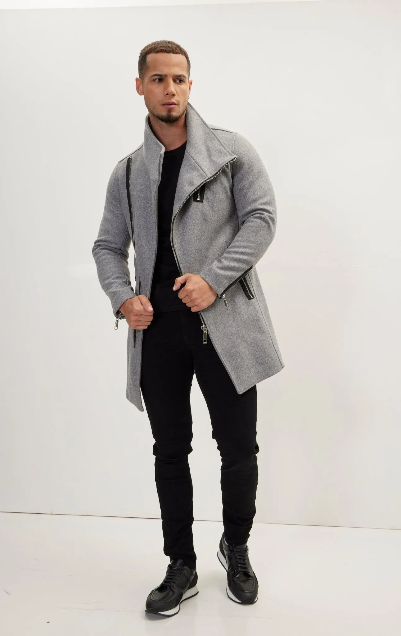 Asymmetrical Zipper Closure Coat - Grey