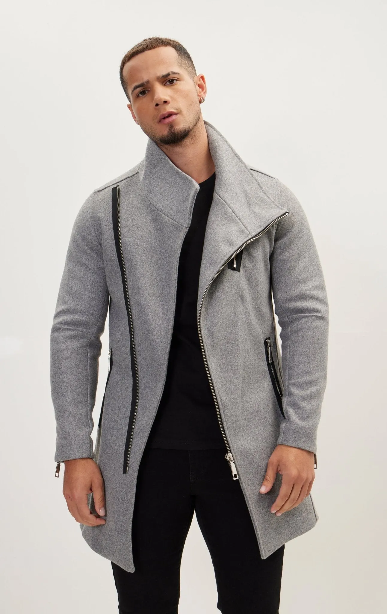 Asymmetrical Zipper Closure Coat - Grey
