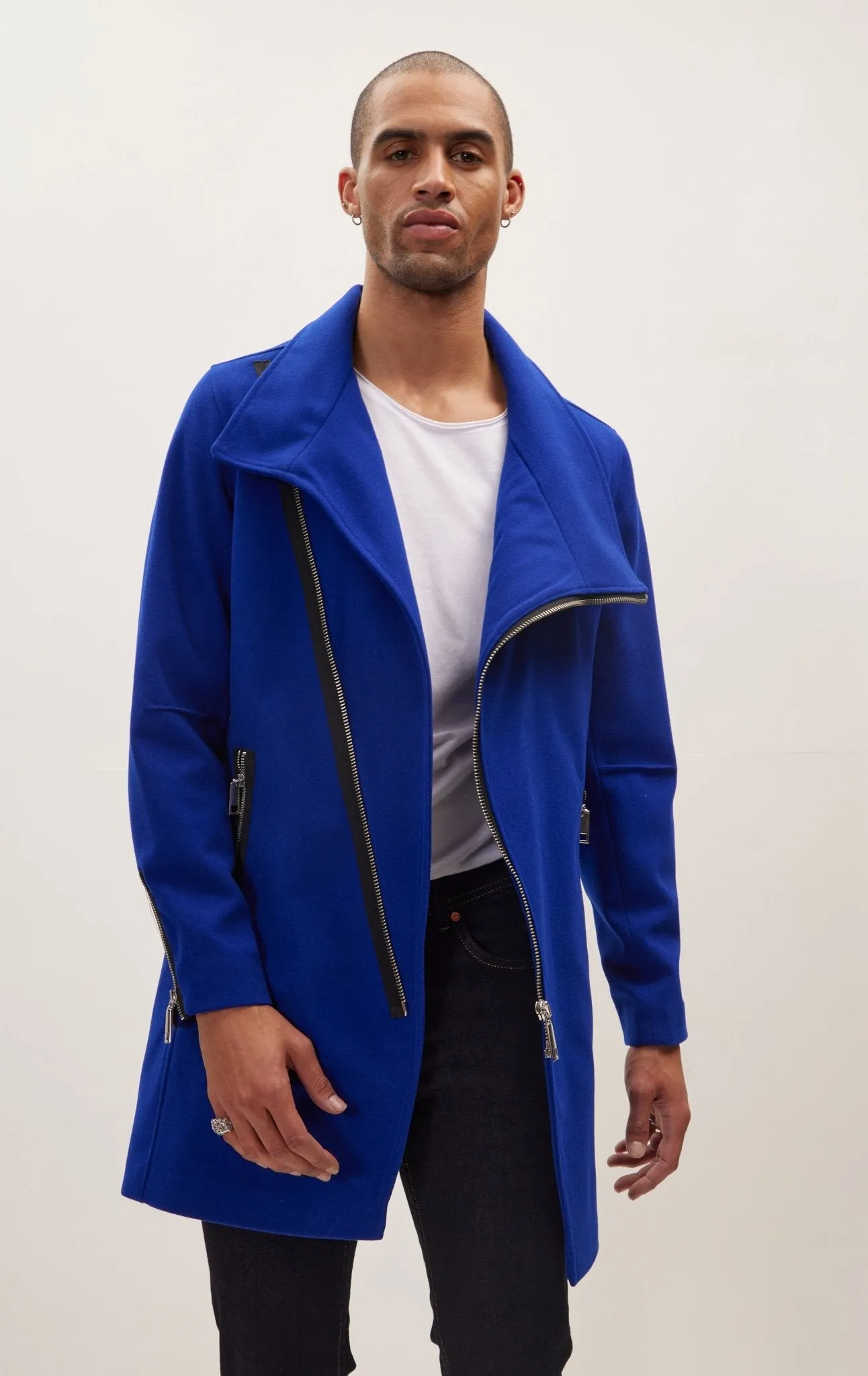Asymmetrical Zipper Closure Coat - Sax
