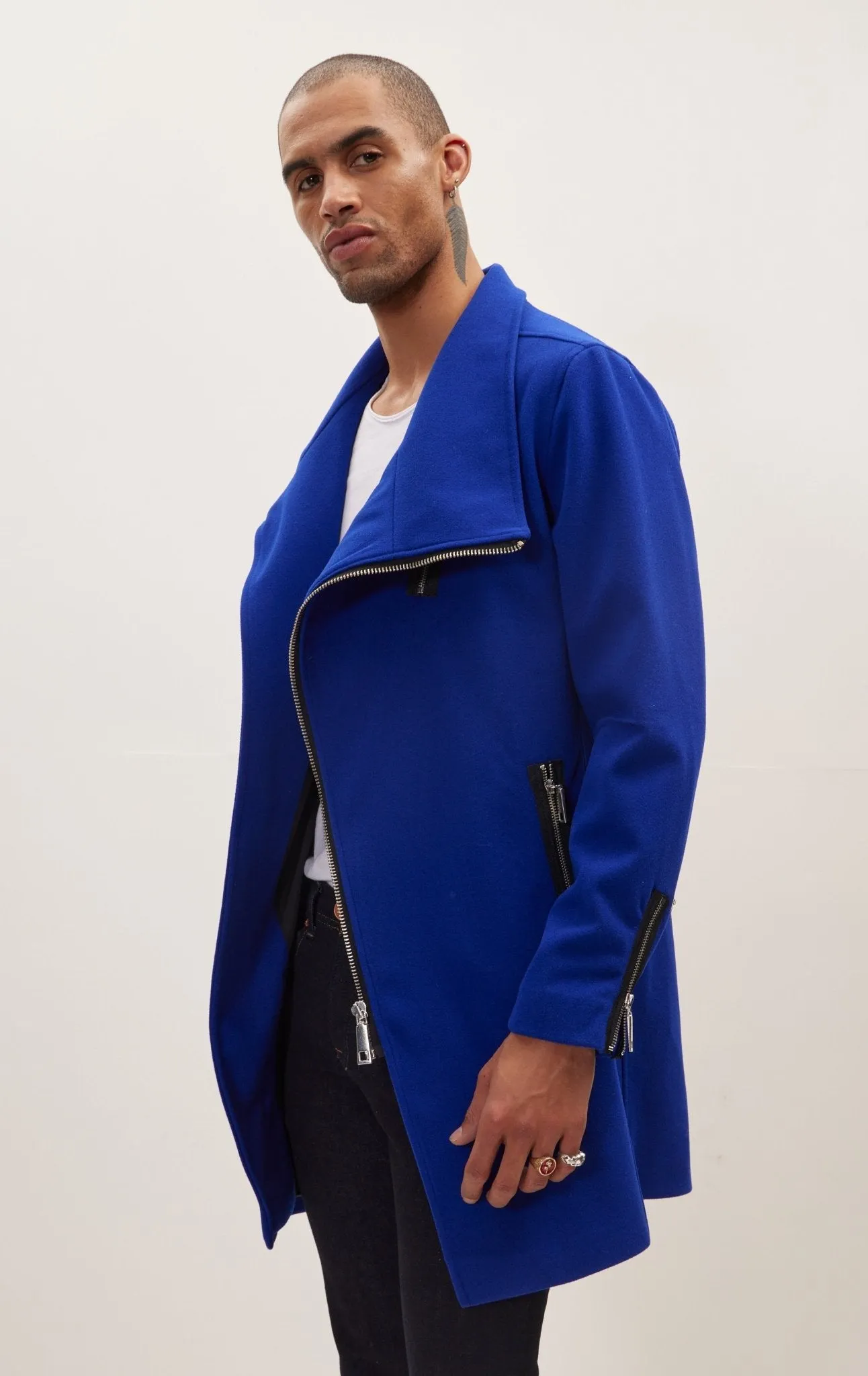 Asymmetrical Zipper Closure Coat - Sax