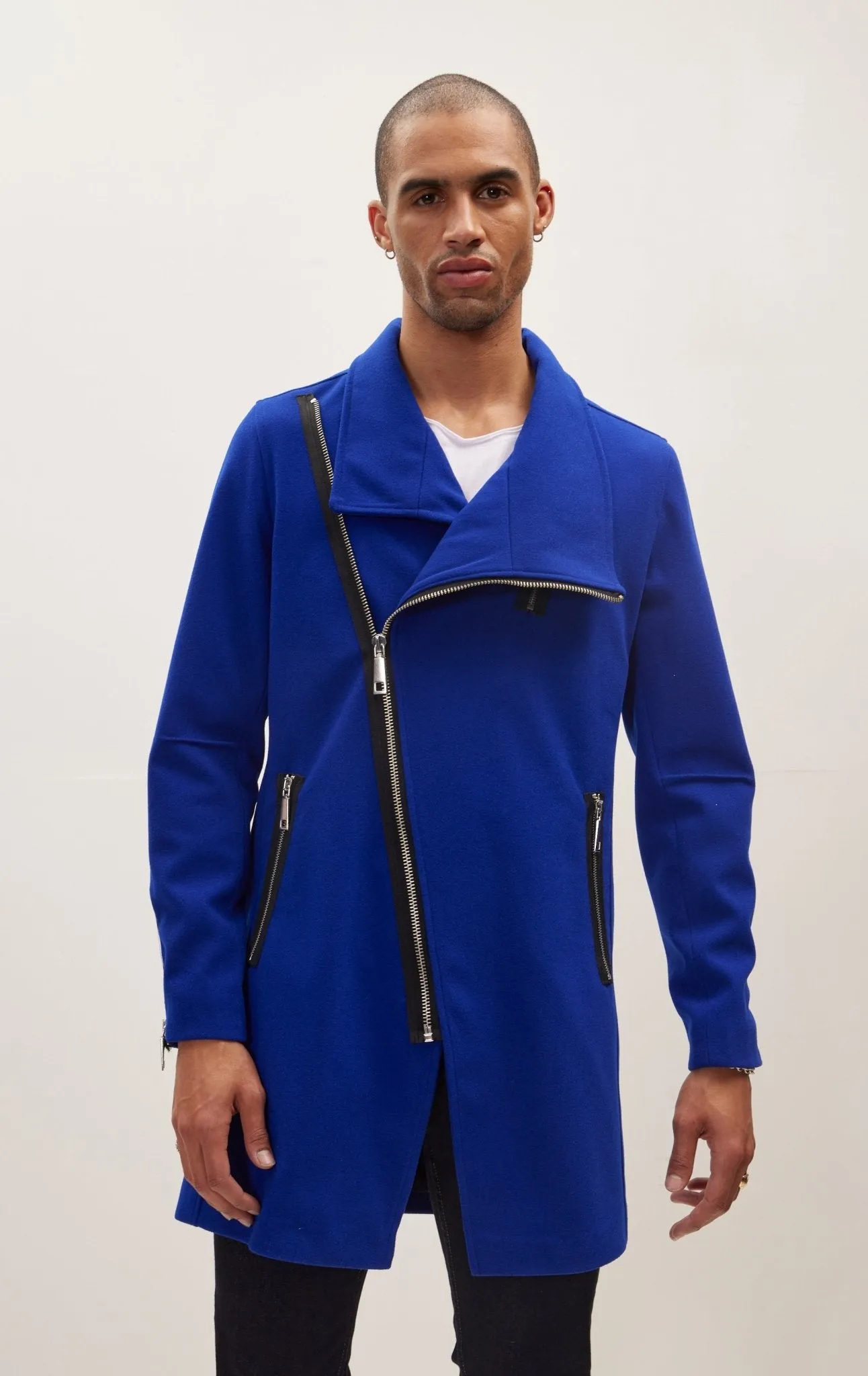 Asymmetrical Zipper Closure Coat - Sax