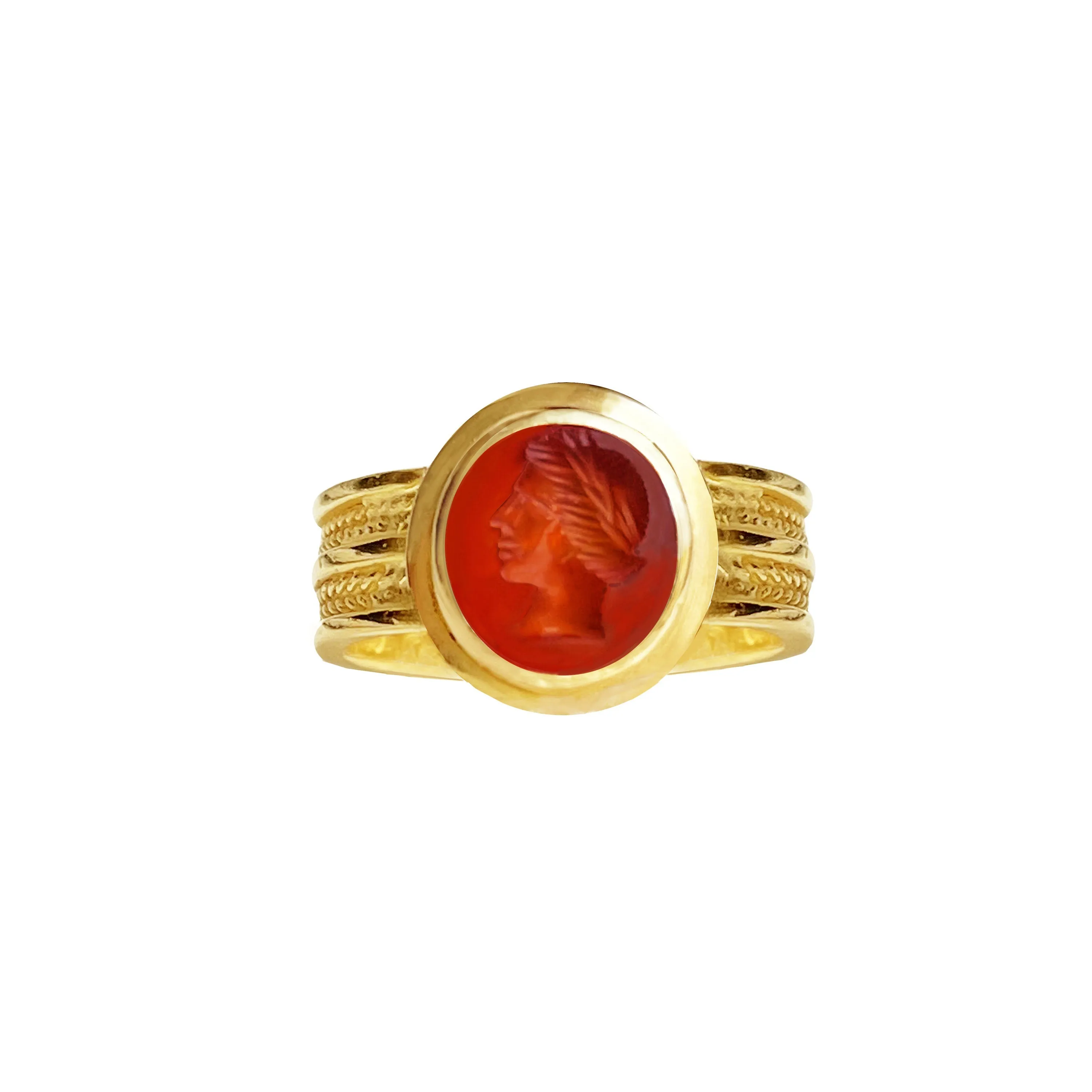 Authentic Roman Carnelian Intaglio 18Kt Gold Ring depicting God Apollo, symbol of Beauty