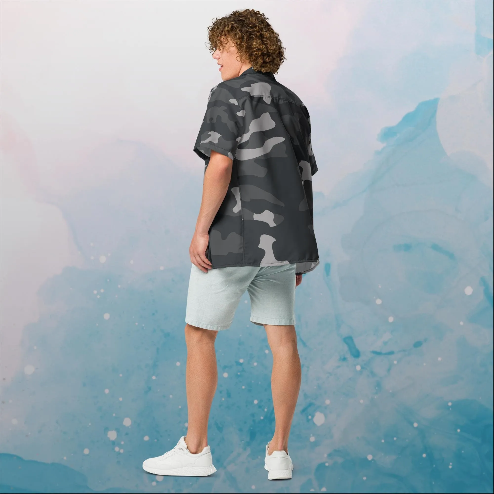 Black and Grey Camo Print Unisex Button Up Shirt