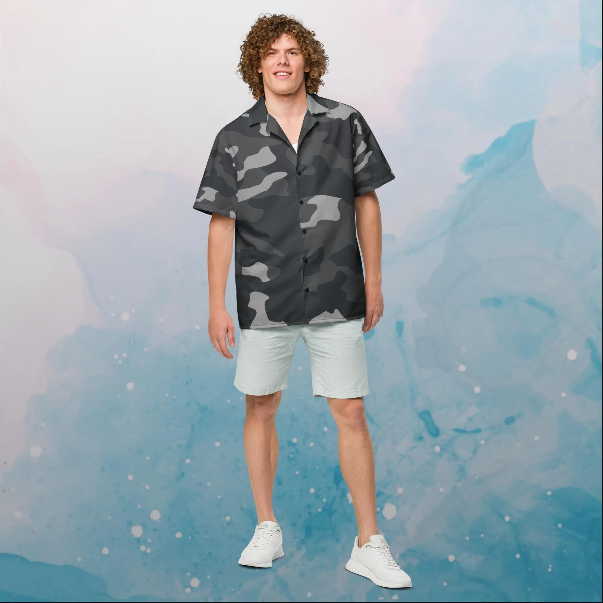 Black and Grey Camo Print Unisex Button Up Shirt