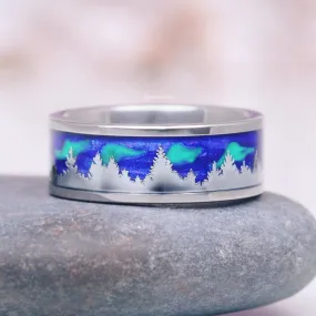 Borealis Wedding Band- Northern Lights & Trees 8MM Tungsten