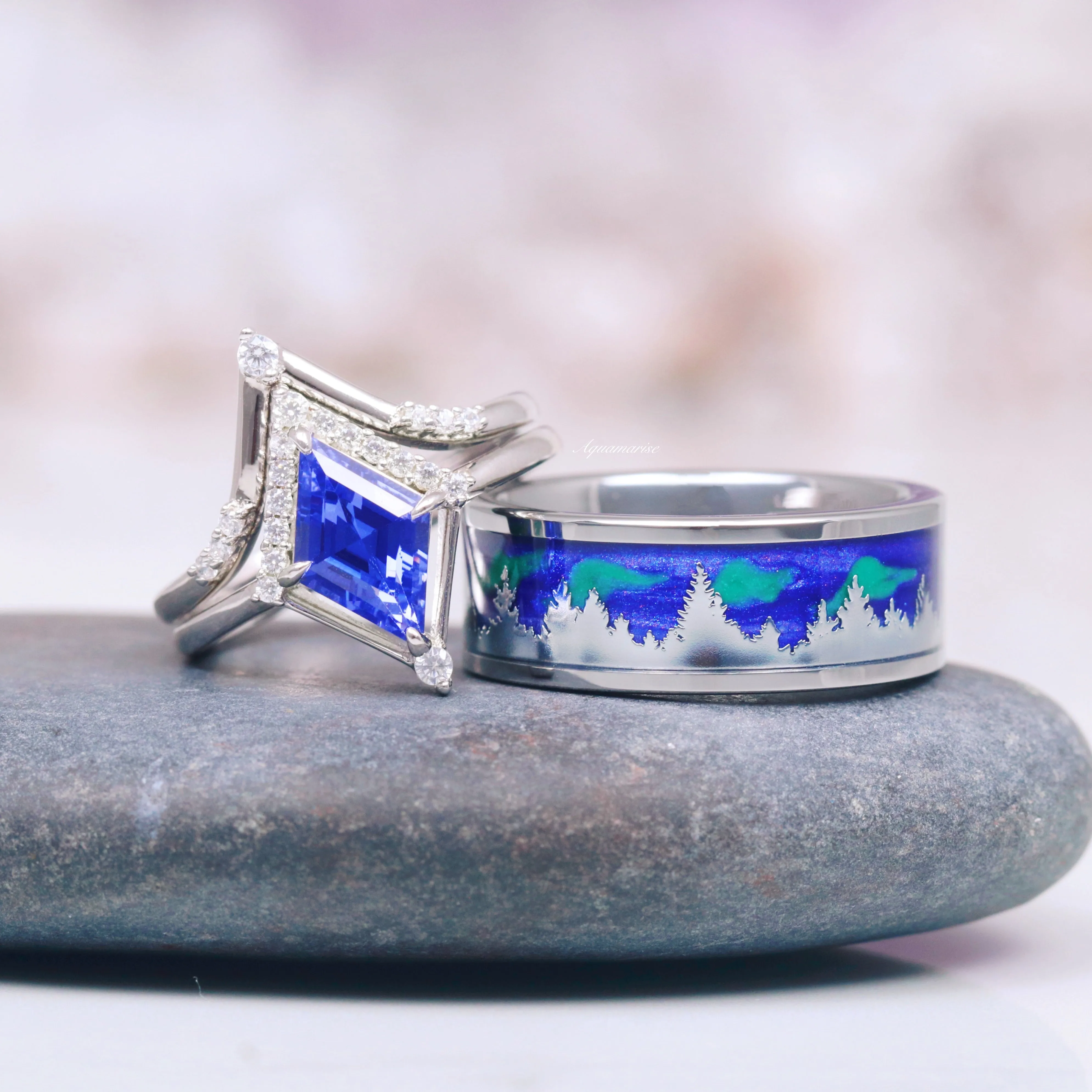 Borealis Wedding Band- Northern Lights & Trees 8MM Tungsten