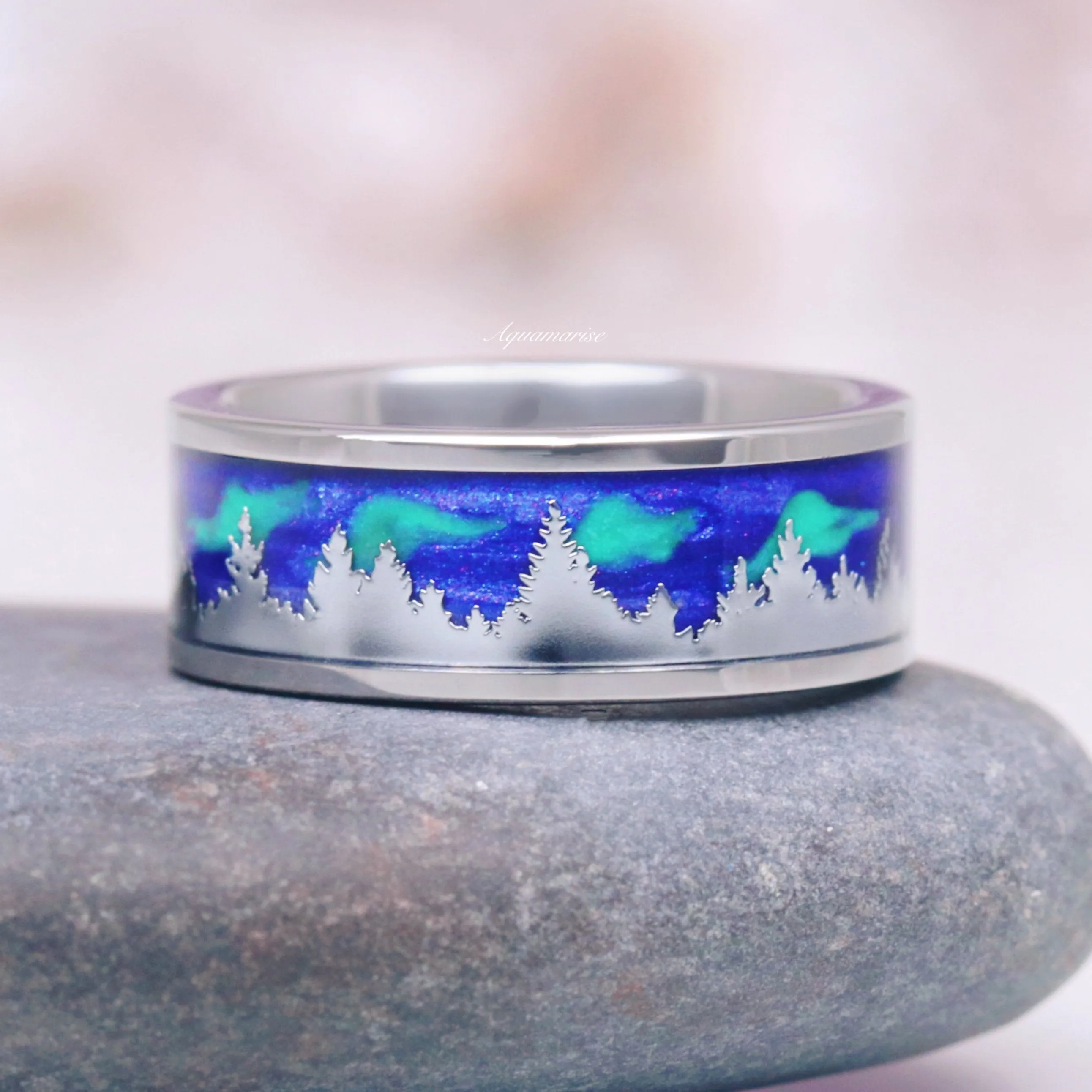 Borealis Wedding Band- Northern Lights & Trees 8MM Tungsten