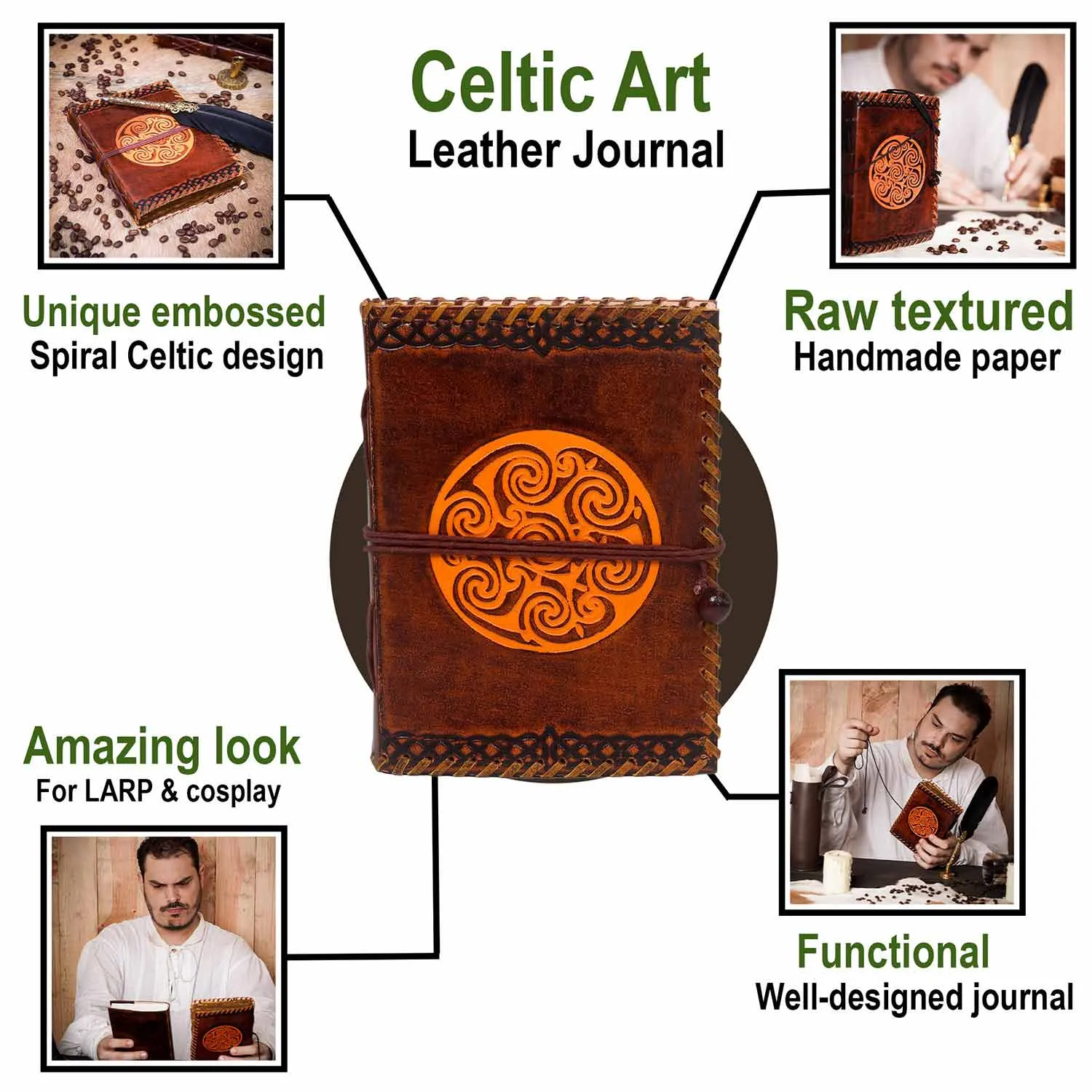 Celtic Spiral Leather Journal with Antique Paper & Cord