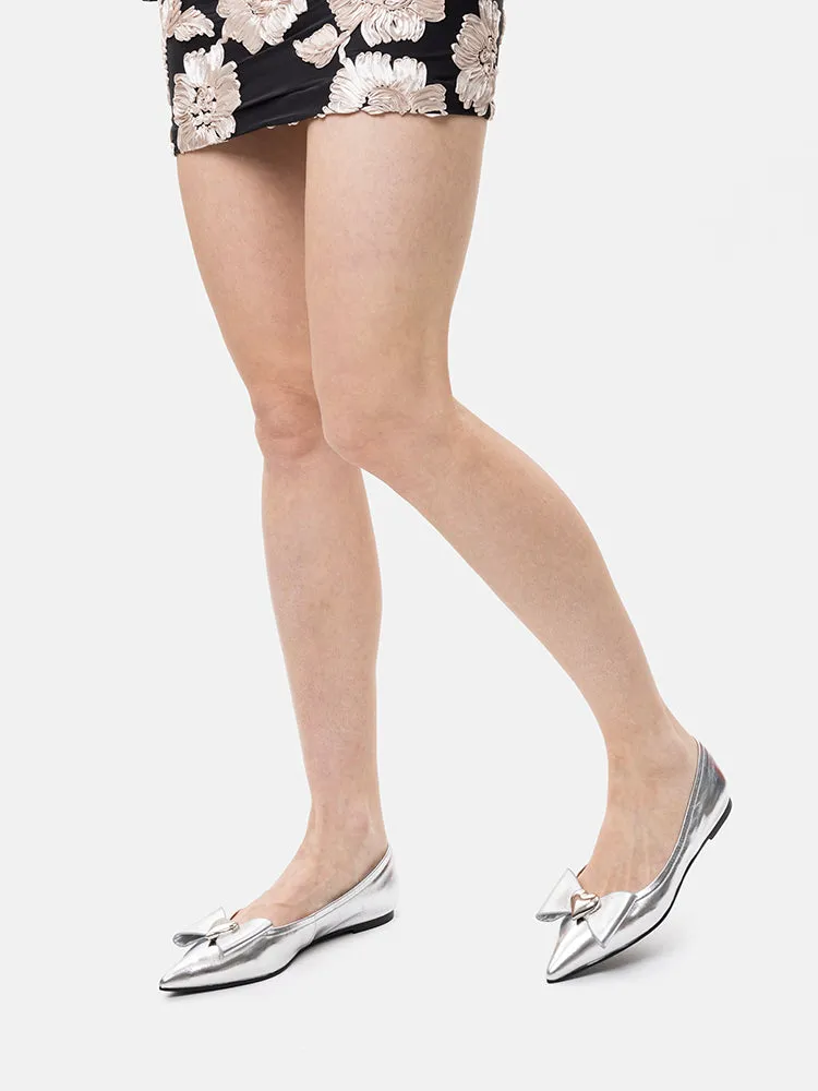 Daisy Hearts and Bow Pointed Toe Metallic Flats