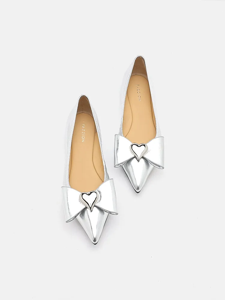 Daisy Hearts and Bow Pointed Toe Metallic Flats