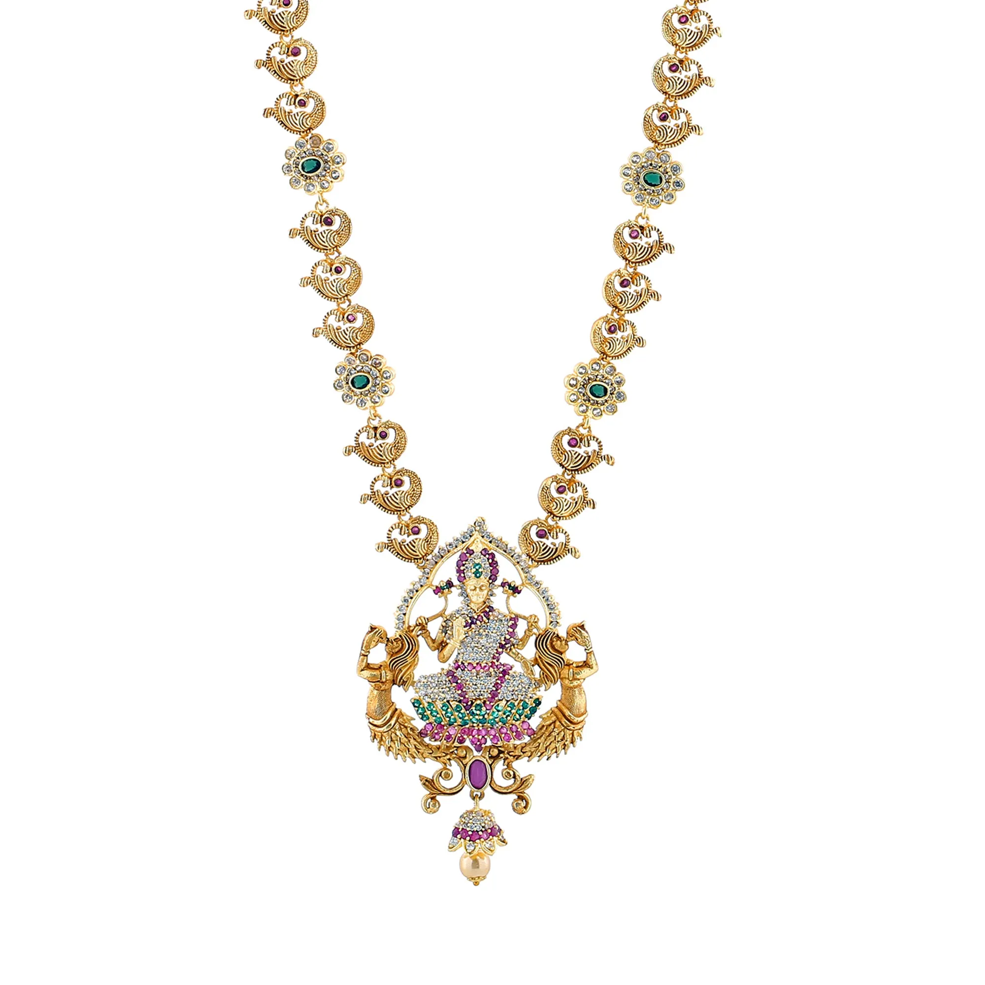 Estele Gold Plated CZ Shining Laxmi Ji Designer Bridal Short & Long Necklace Set with Color Stones & Pearls