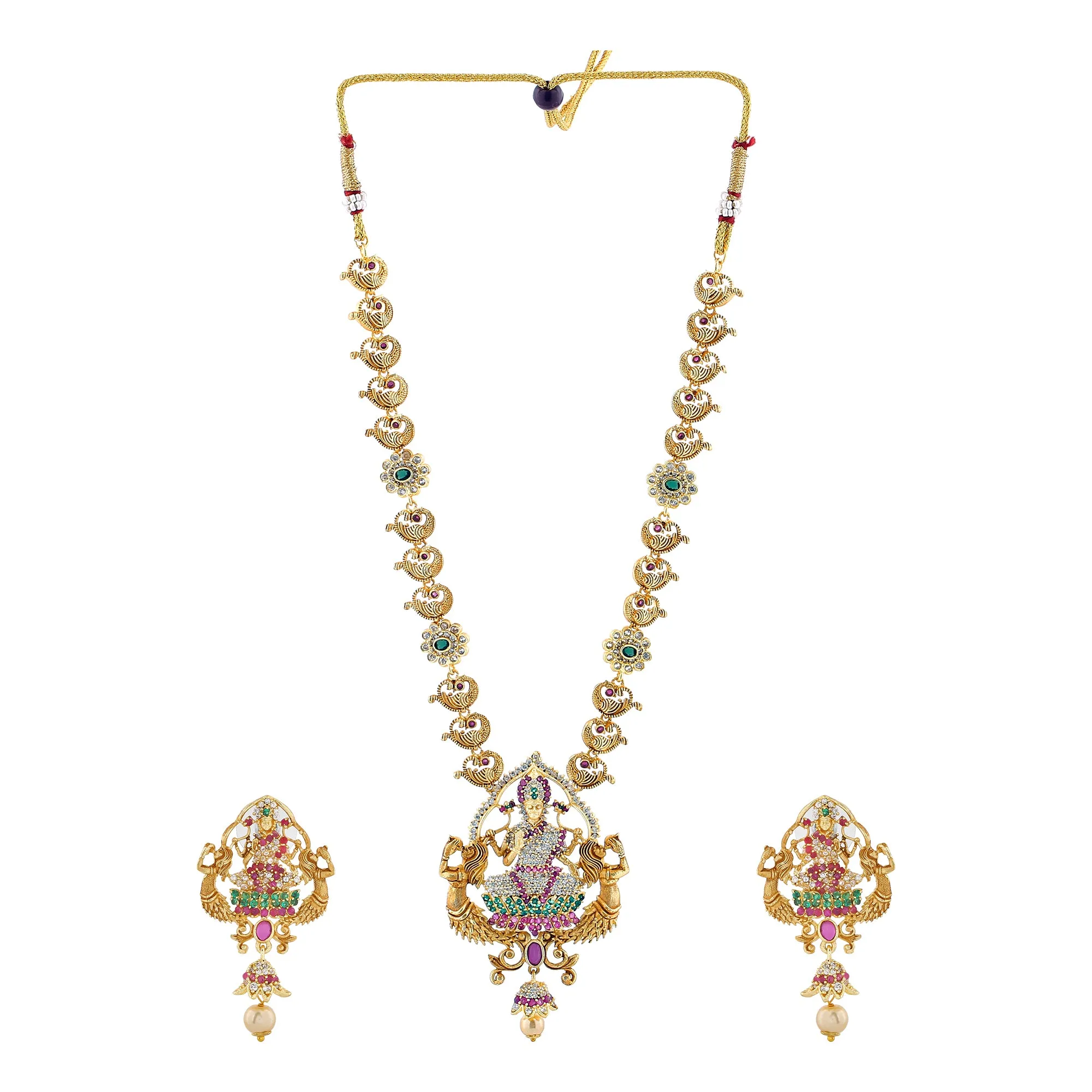 Estele Gold Plated CZ Shining Laxmi Ji Designer Bridal Short & Long Necklace Set with Color Stones & Pearls