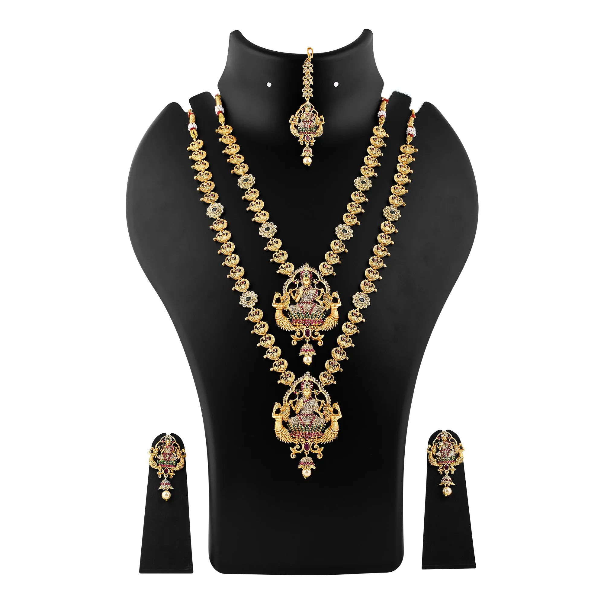 Estele Gold Plated CZ Shining Laxmi Ji Designer Bridal Short & Long Necklace Set with Color Stones & Pearls