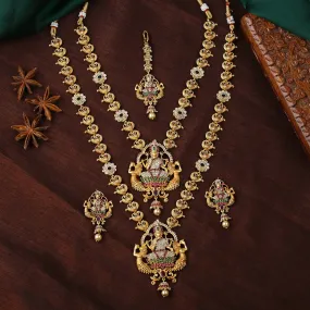 Estele Gold Plated CZ Shining Laxmi Ji Designer Bridal Short & Long Necklace Set with Color Stones & Pearls