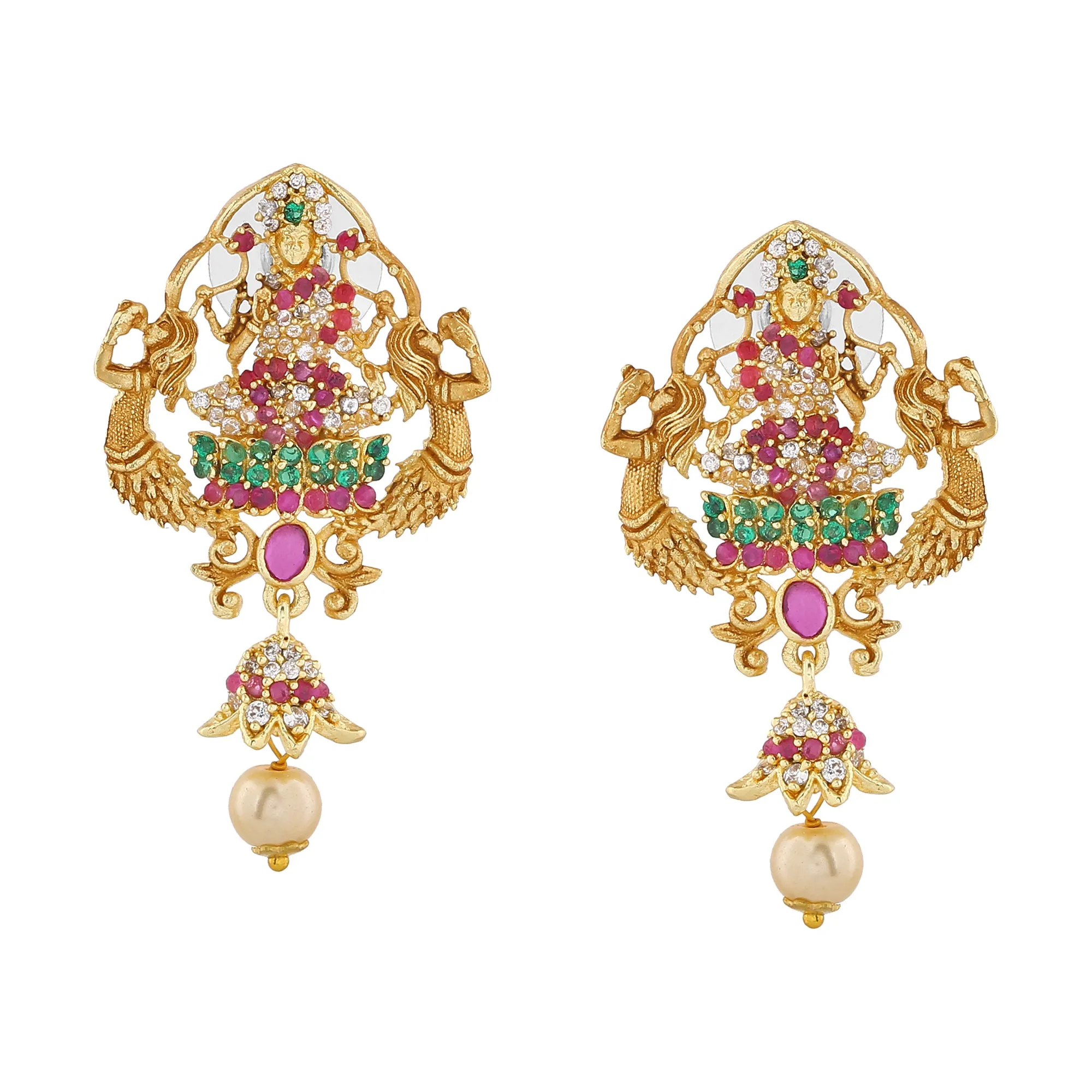 Estele Gold Plated CZ Shining Laxmi Ji Designer Bridal Short & Long Necklace Set with Color Stones & Pearls