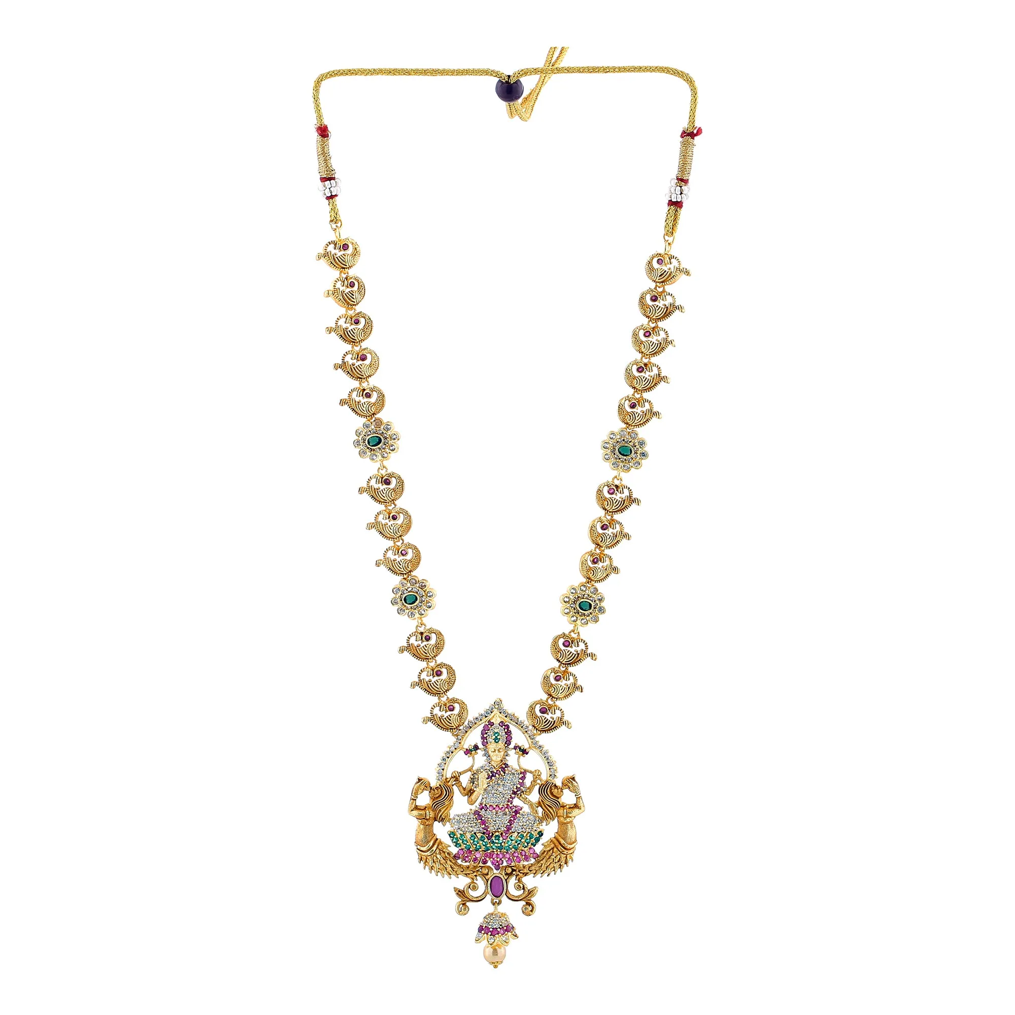 Estele Gold Plated CZ Shining Laxmi Ji Designer Bridal Short & Long Necklace Set with Color Stones & Pearls