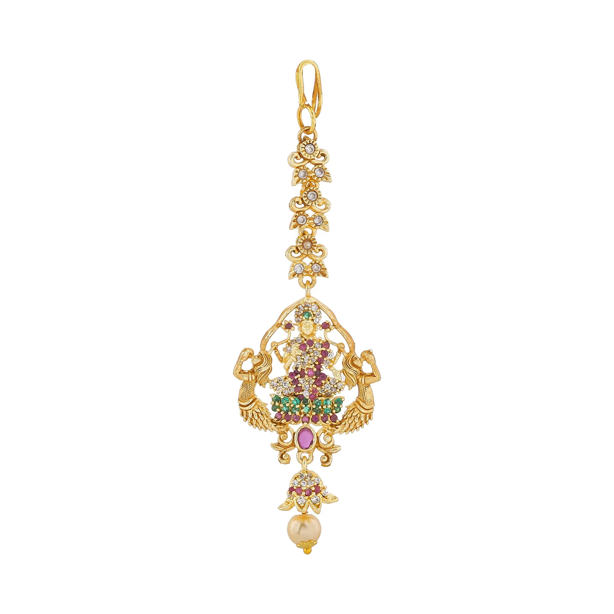 Estele Gold Plated CZ Shining Laxmi Ji Designer Bridal Short & Long Necklace Set with Color Stones & Pearls