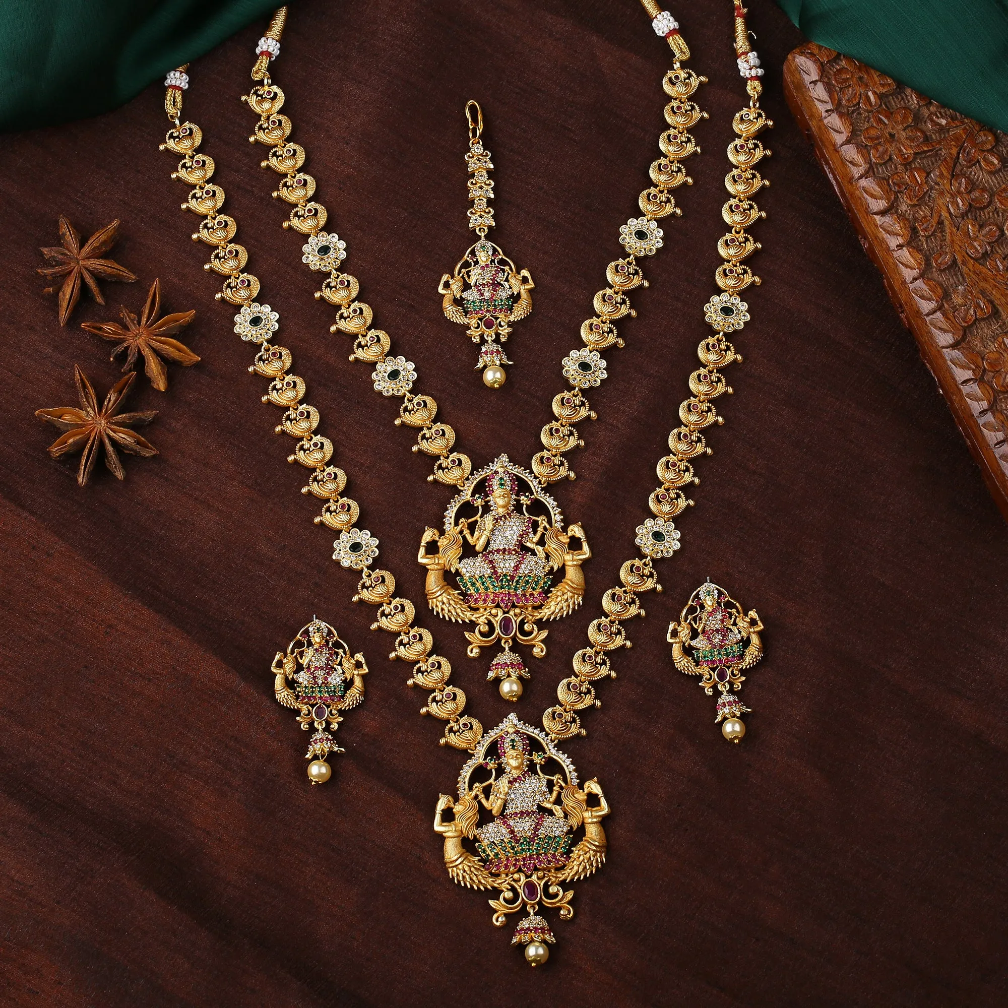 Estele Gold Plated CZ Shining Laxmi Ji Designer Bridal Short & Long Necklace Set with Color Stones & Pearls