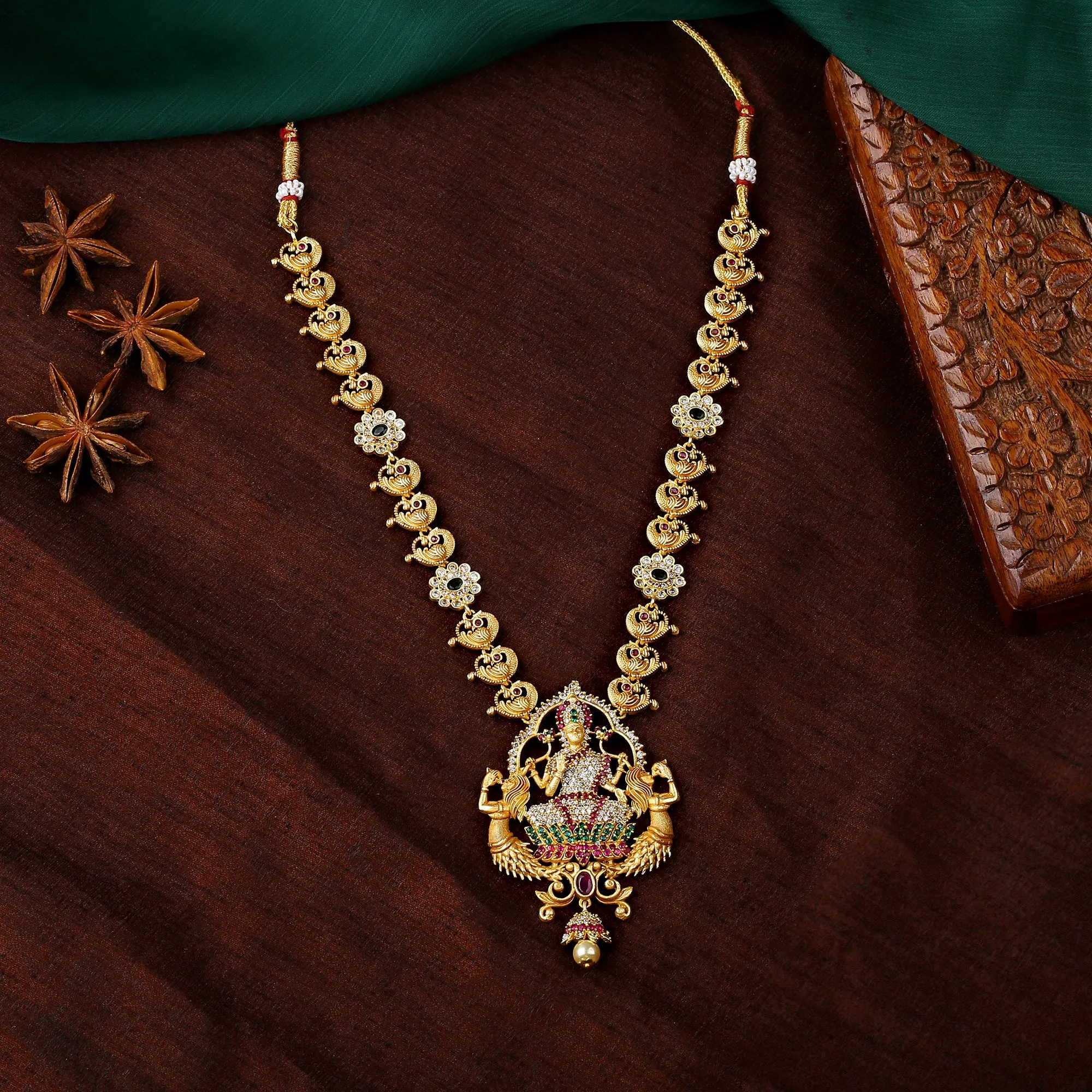 Estele Gold Plated CZ Shining Laxmi Ji Designer Bridal Short & Long Necklace Set with Color Stones & Pearls