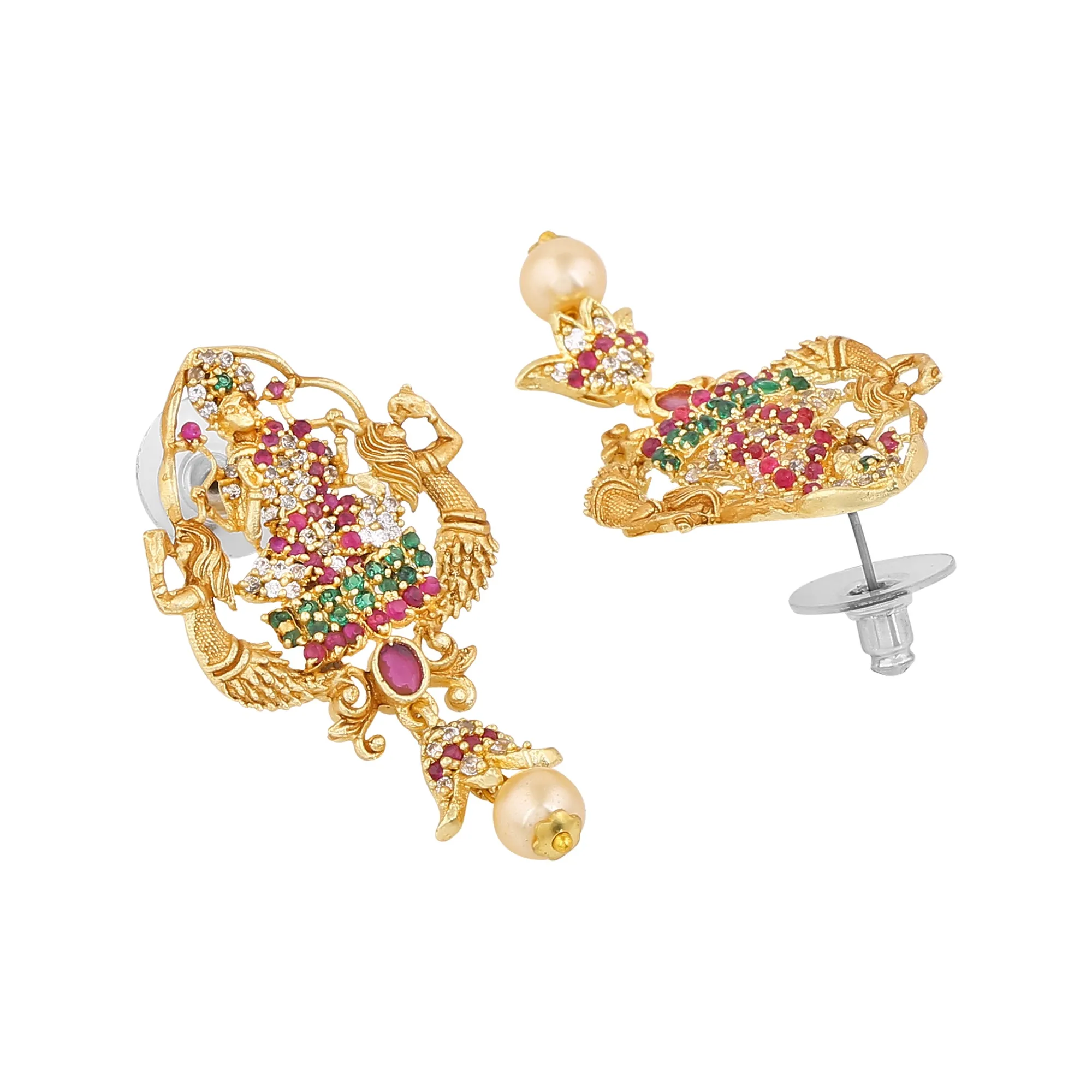 Estele Gold Plated CZ Shining Laxmi Ji Designer Bridal Short & Long Necklace Set with Color Stones & Pearls