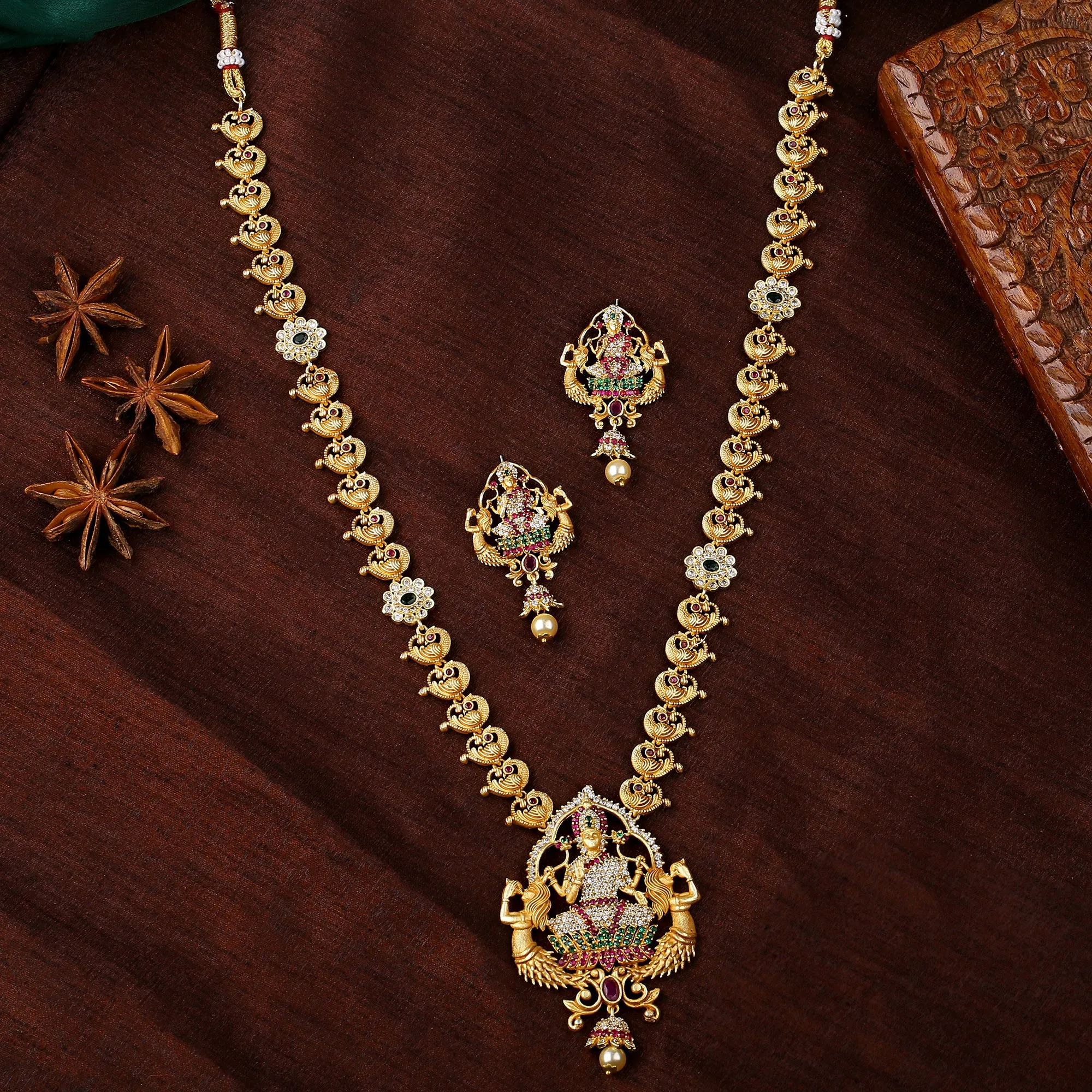 Estele Gold Plated CZ Shining Laxmi Ji Designer Bridal Short & Long Necklace Set with Color Stones & Pearls