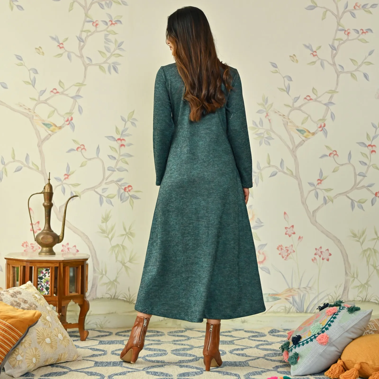 Green Floral A-line Woollen Dress
