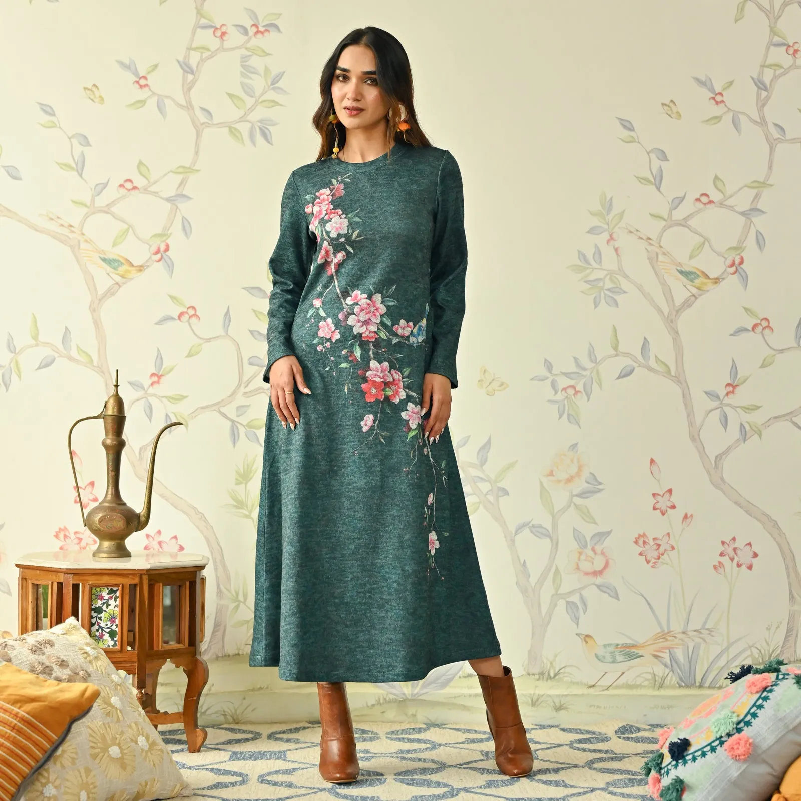 Green Floral A-line Woollen Dress