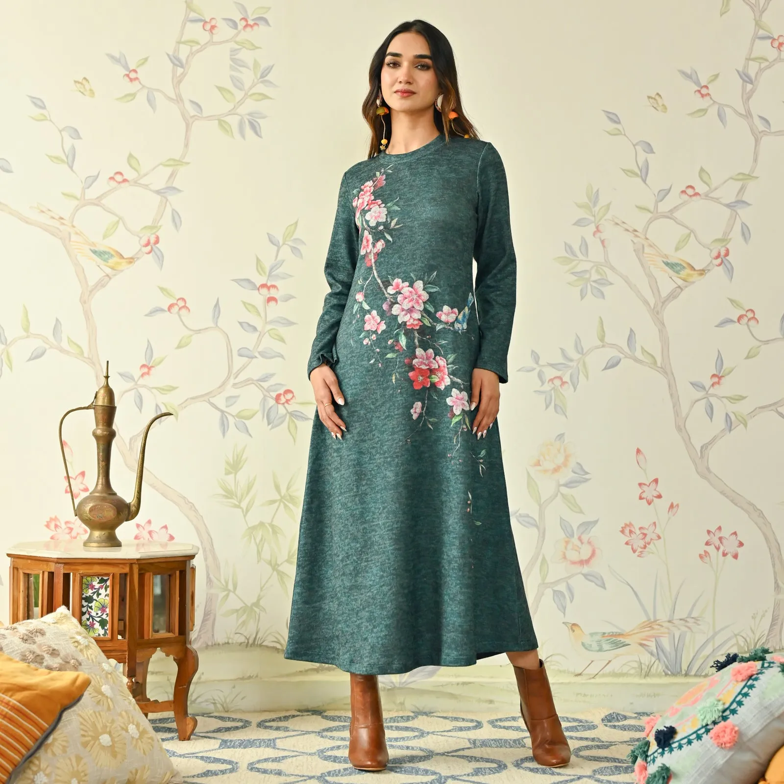 Green Floral A-line Woollen Dress