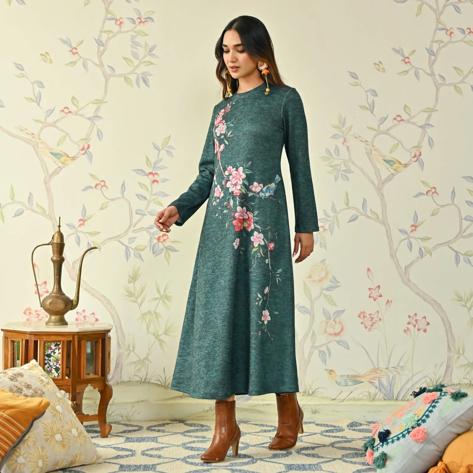 Green Floral A-line Woollen Dress