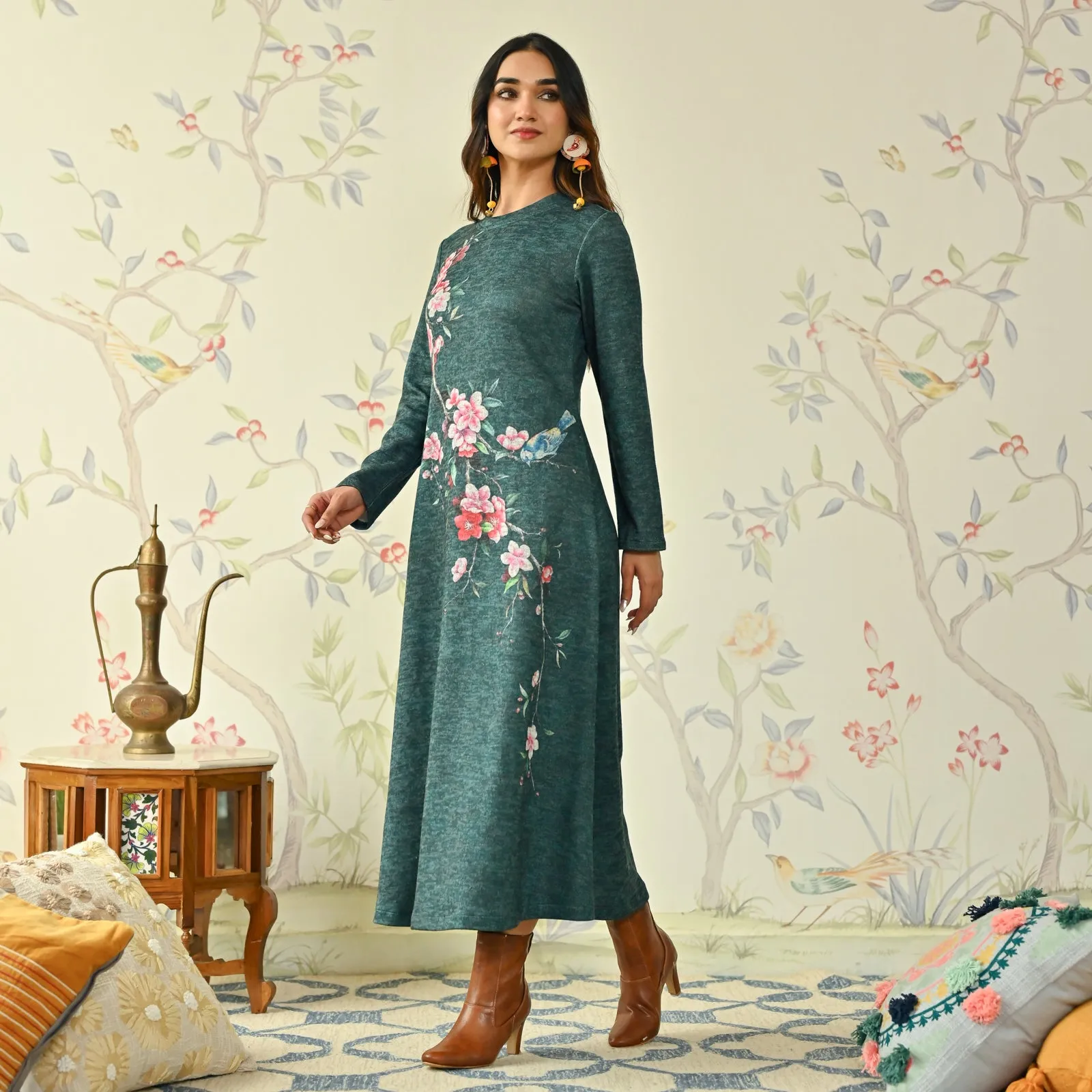 Green Floral A-line Woollen Dress