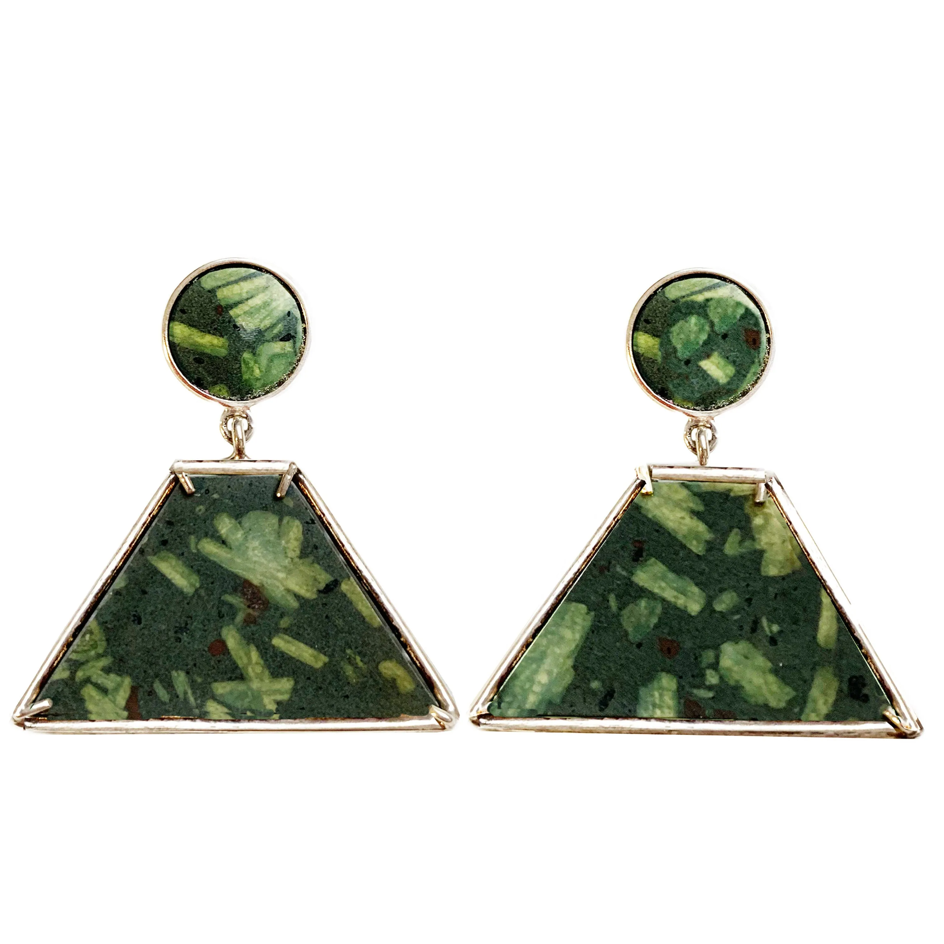 Green "Serpentino" Greek Marble and Sterling Silver Earrings
