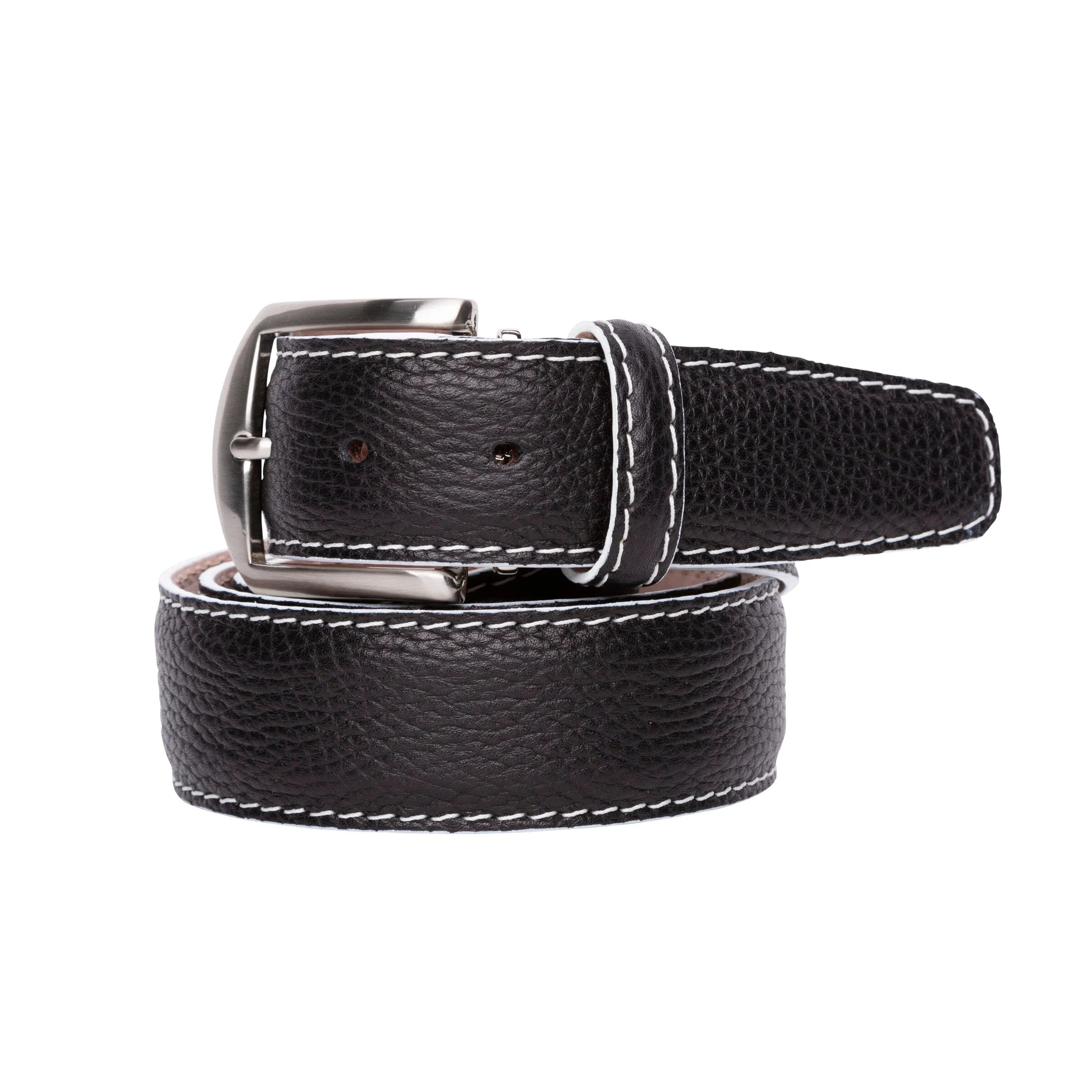 LEN Belt French Pebble Frain Black w/ White Edge & Border Stitch STK