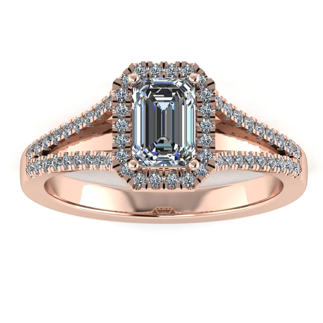 "Elora" Octagon Halo Emerald Cut Diamond Split Diamond Shoulder Engagement Ring HAEC08