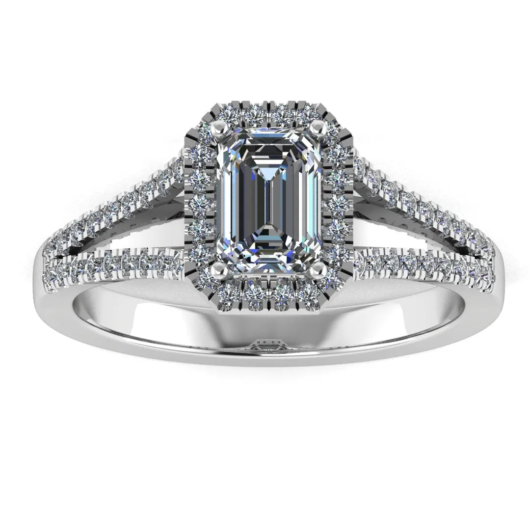"Elora" Octagon Halo Emerald Cut Diamond Split Diamond Shoulder Engagement Ring HAEC08