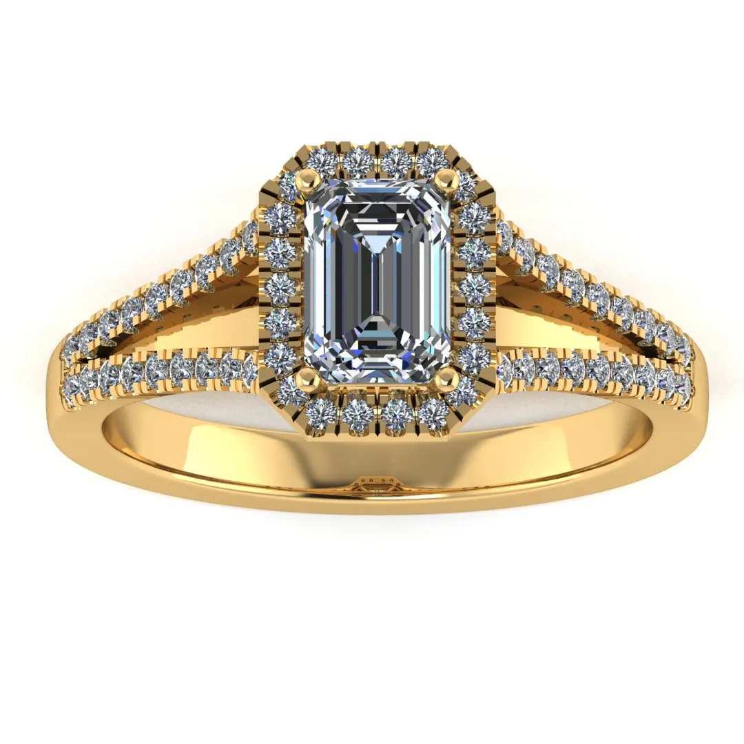 "Elora" Octagon Halo Emerald Cut Diamond Split Diamond Shoulder Engagement Ring HAEC08