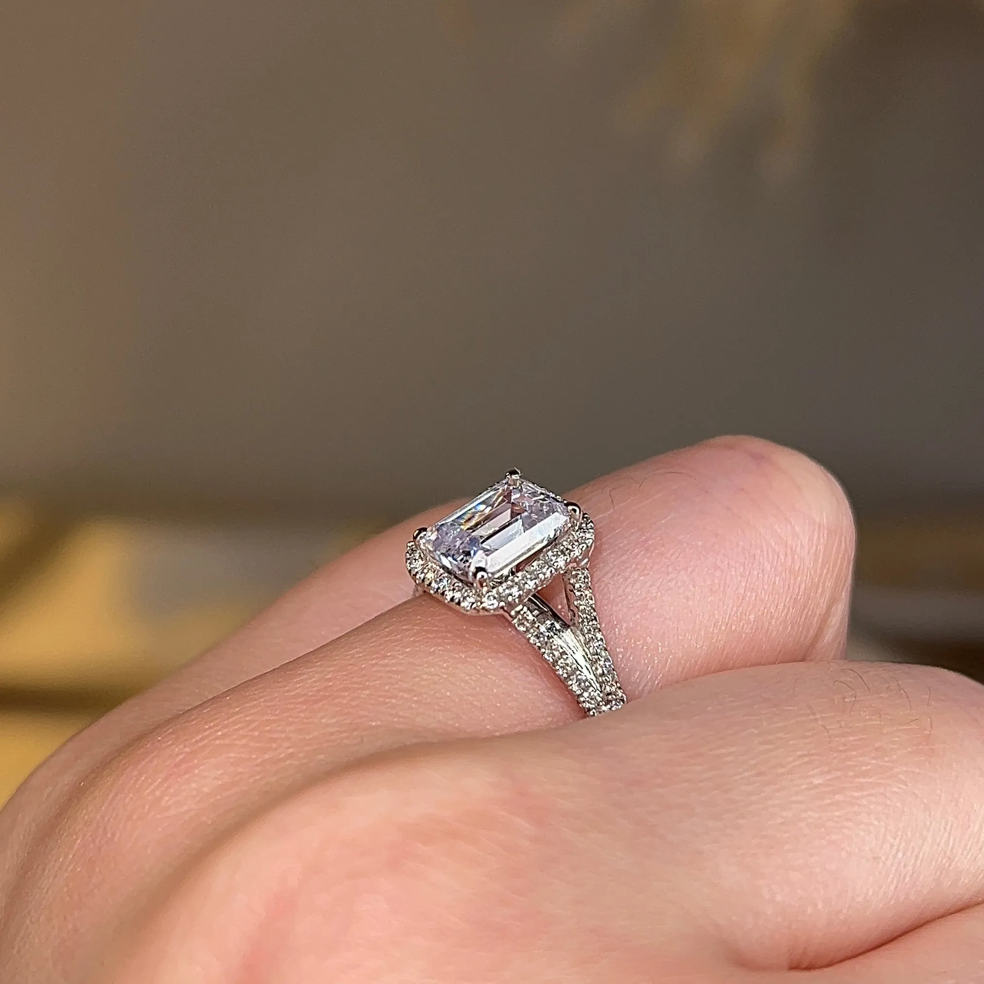 "Elora" Octagon Halo Emerald Cut Diamond Split Diamond Shoulder Engagement Ring HAEC08