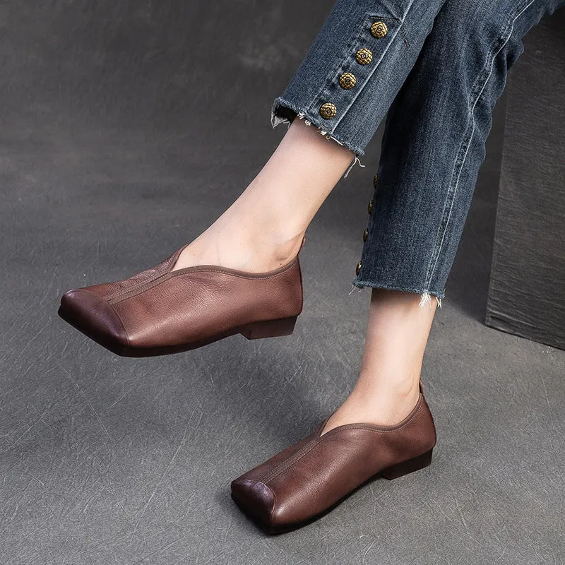 Women Retro Solid Leather Casual Soft Flats