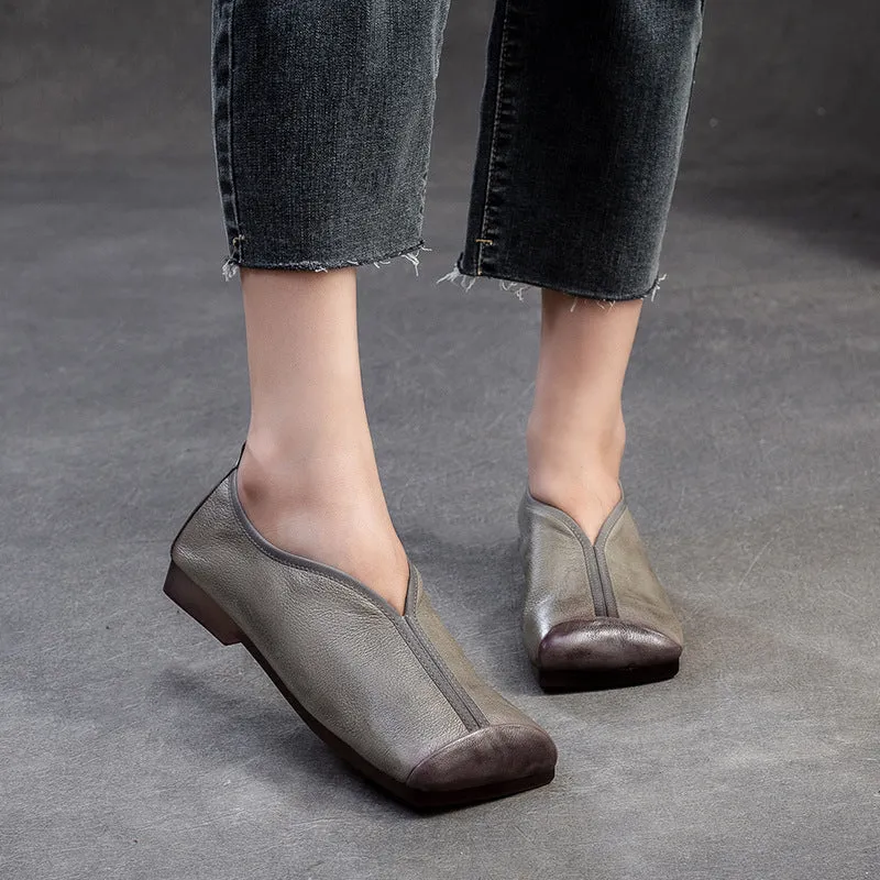 Women Retro Solid Leather Casual Soft Flats