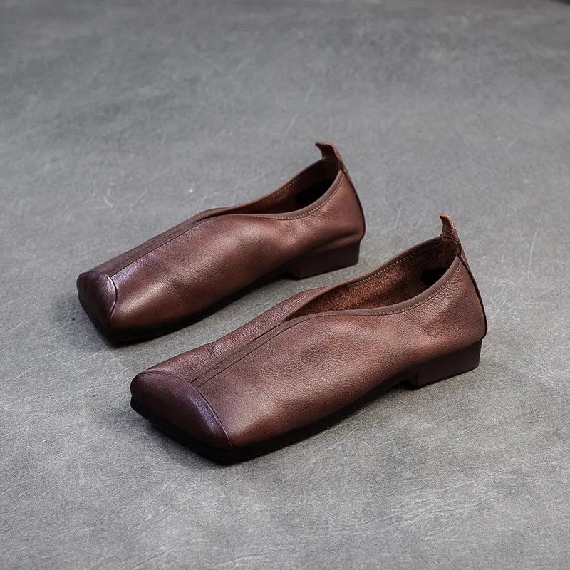 Women Retro Solid Leather Casual Soft Flats