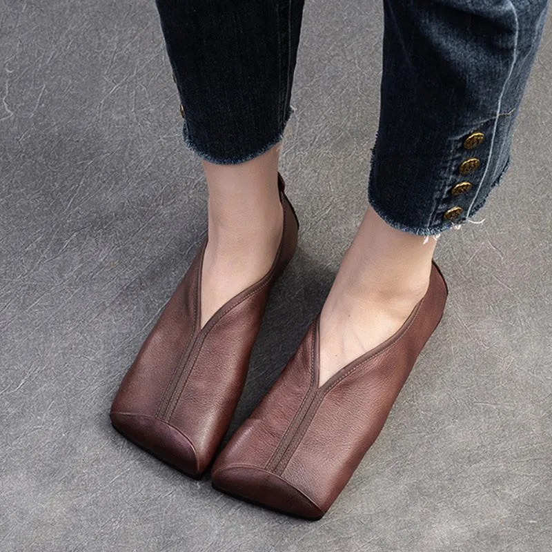 Women Retro Solid Leather Casual Soft Flats