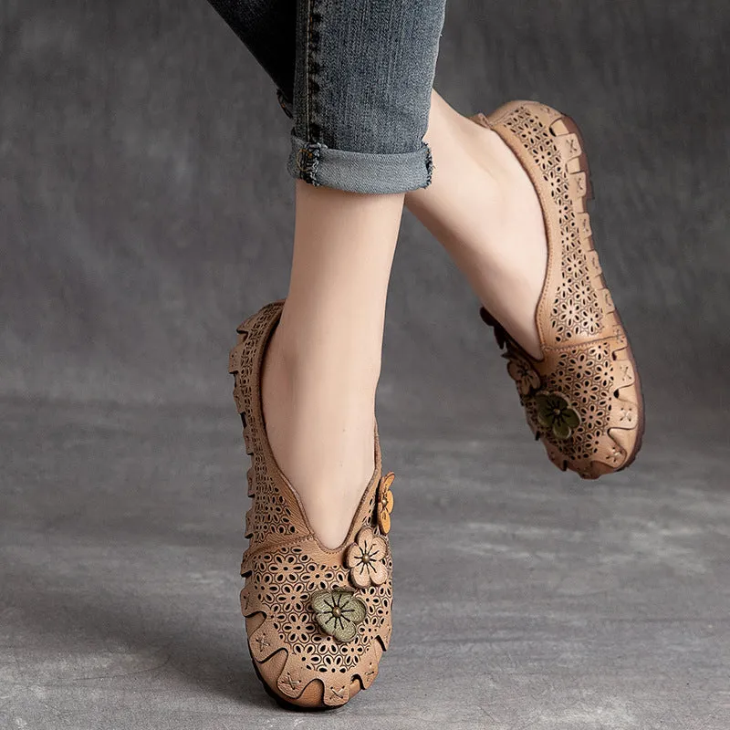 Women Summer Retro Hollow Soft Leather Flats