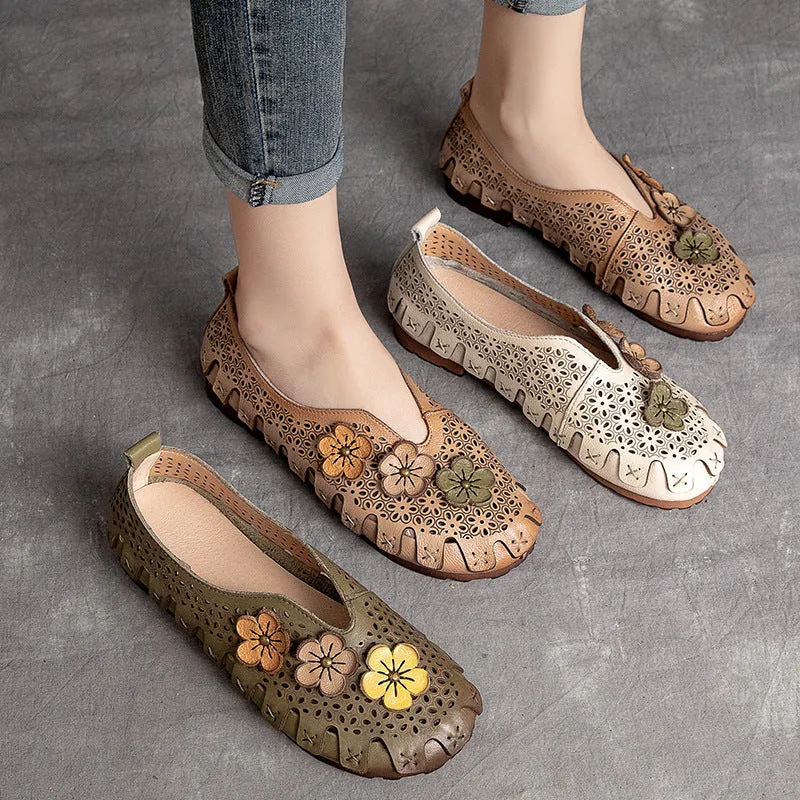 Women Summer Retro Hollow Soft Leather Flats