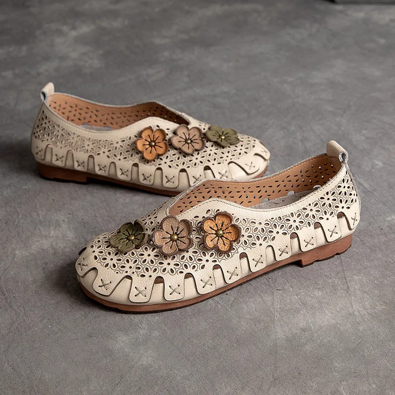 Women Summer Retro Hollow Soft Leather Flats
